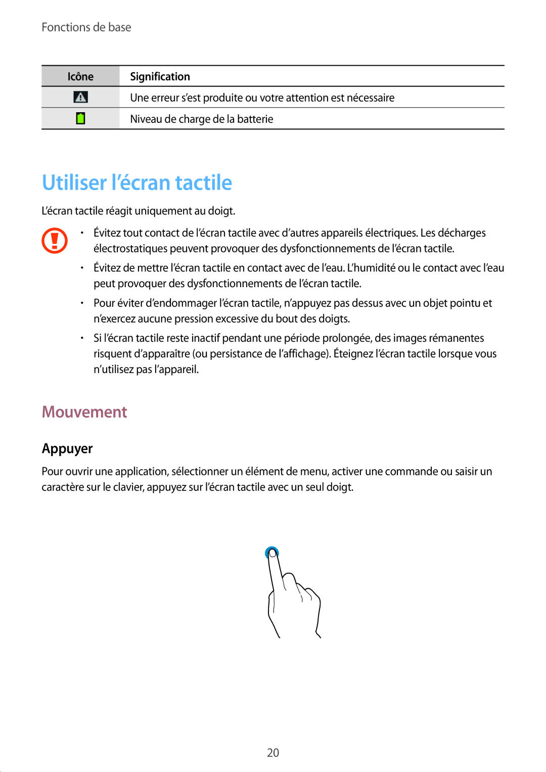 Samsung GT-S5310RWGFTM, GT-S5310BKGFTM manual Utiliser l’écran tactile, Mouvement, Appuyer 