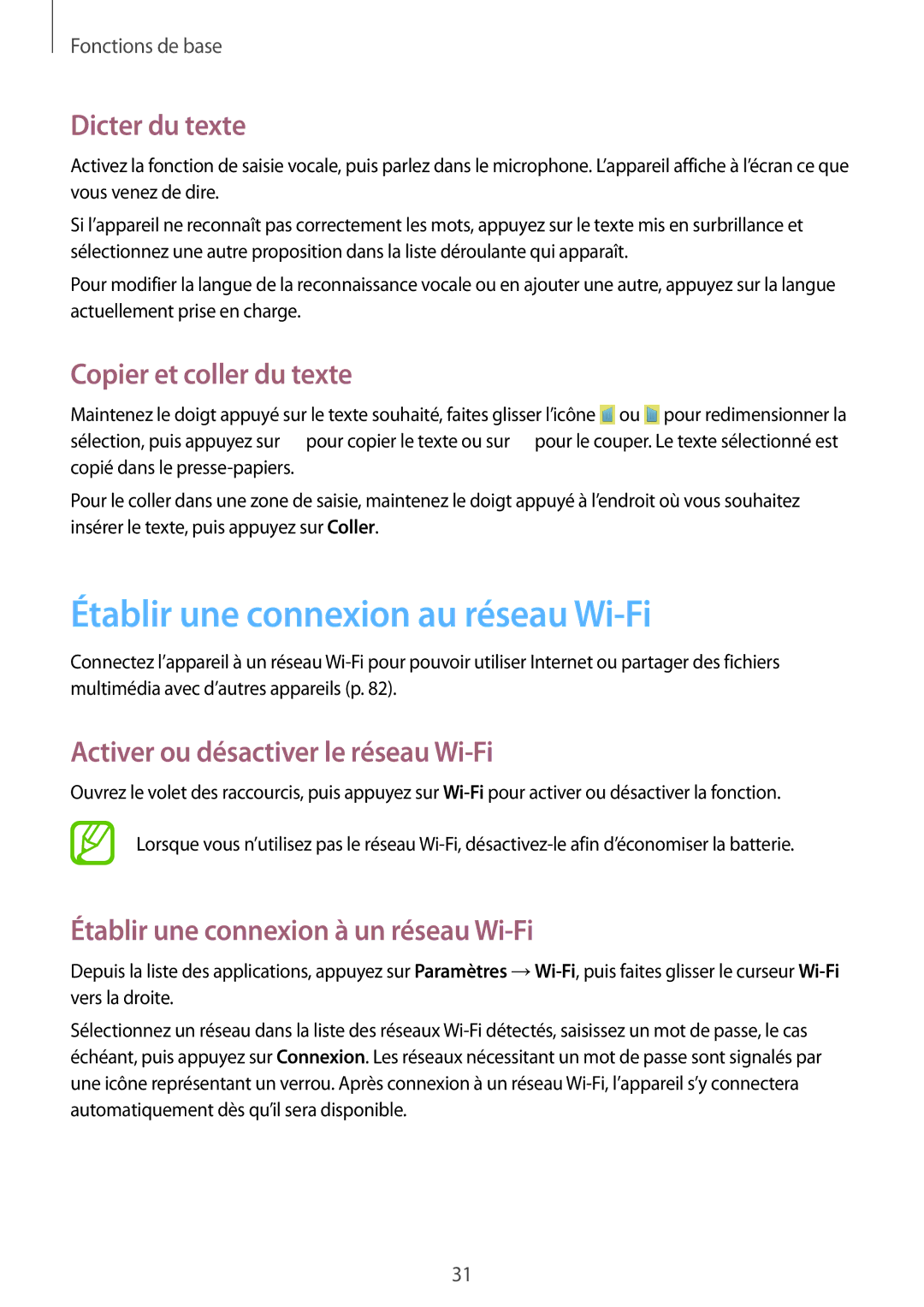 Samsung GT-S5310BKGFTM, GT-S5310RWGFTM Établir une connexion au réseau Wi-Fi, Dicter du texte, Copier et coller du texte 