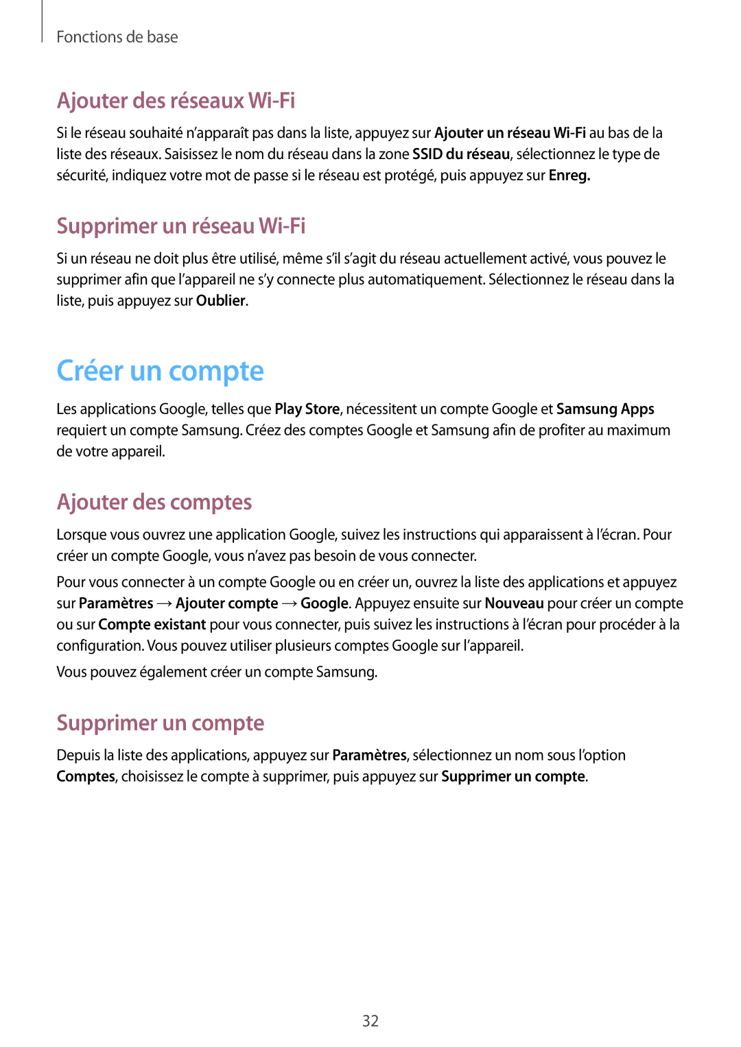 Samsung GT-S5310RWGFTM manual Créer un compte, Ajouter des réseaux Wi-Fi, Supprimer un réseau Wi-Fi, Ajouter des comptes 