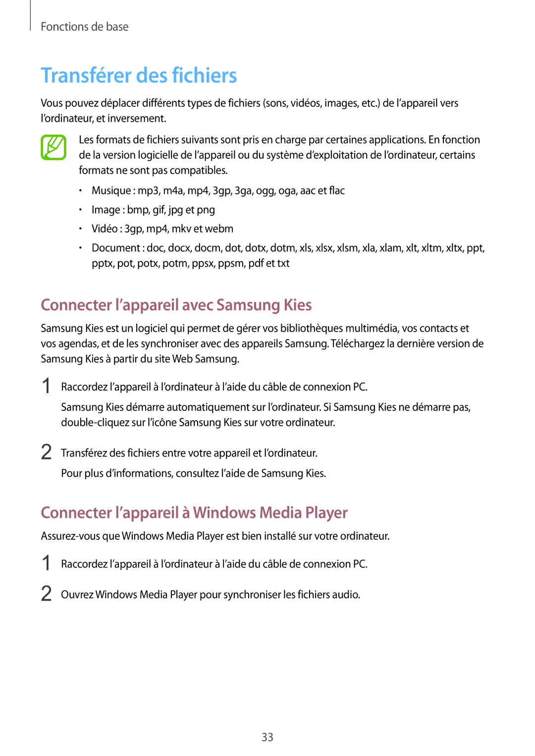 Samsung GT-S5310BKGFTM, GT-S5310RWGFTM manual Transférer des fichiers, Connecter l’appareil avec Samsung Kies 