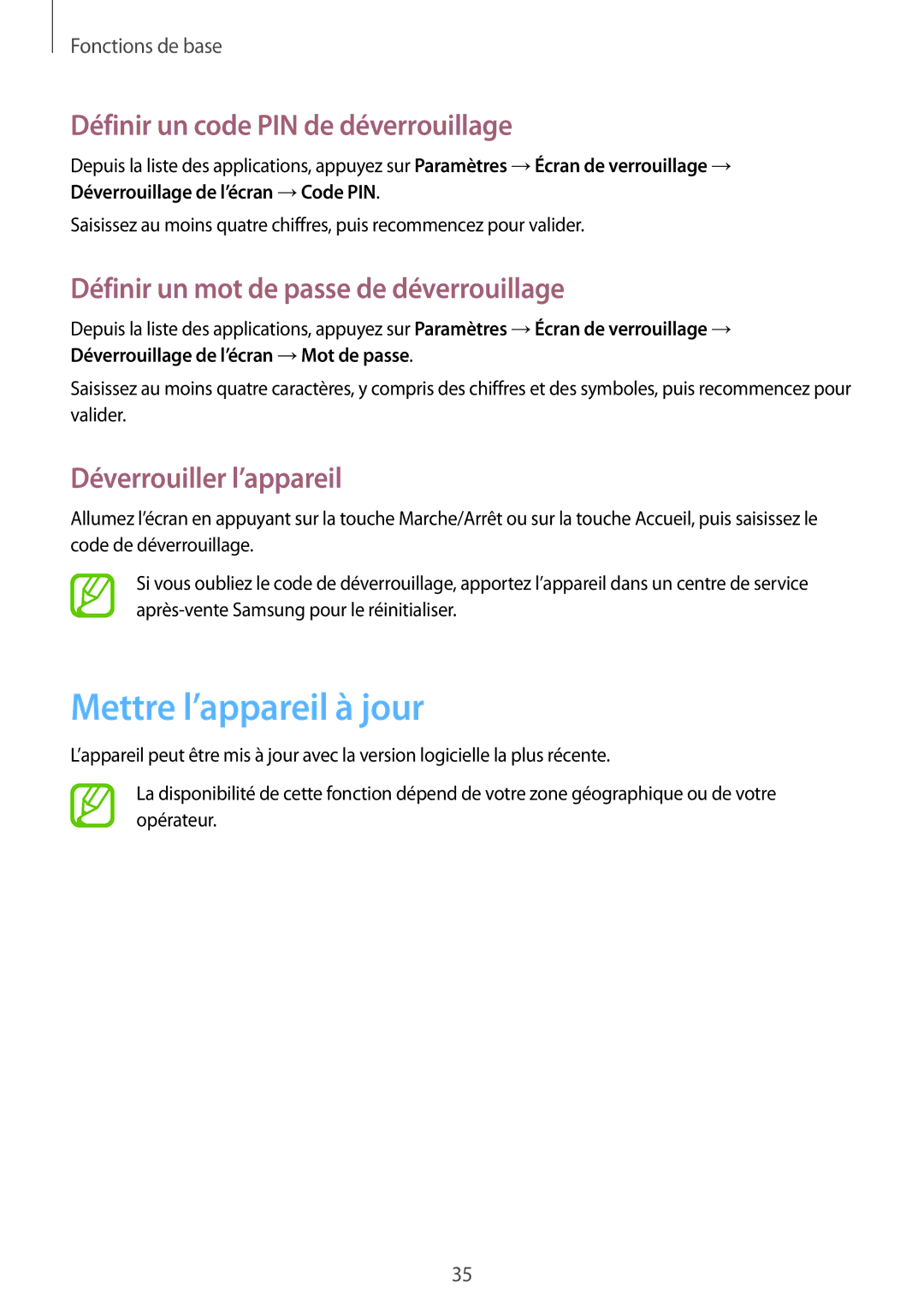 Samsung GT-S5310BKGFTM manual Mettre l’appareil à jour, Définir un code PIN de déverrouillage, Déverrouiller l’appareil 