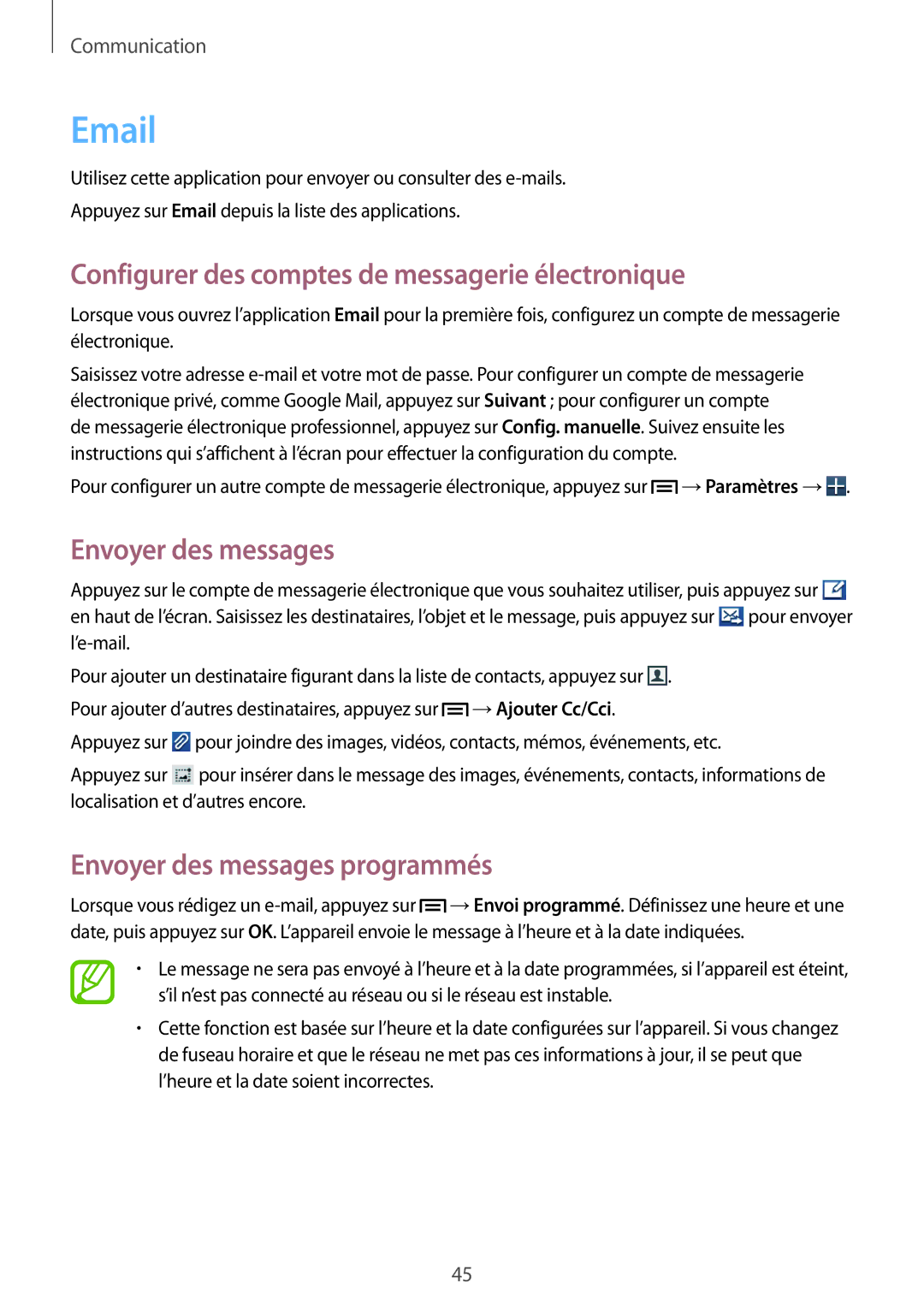 Samsung GT-S5310BKGFTM, GT-S5310RWGFTM Configurer des comptes de messagerie électronique, Envoyer des messages programmés 