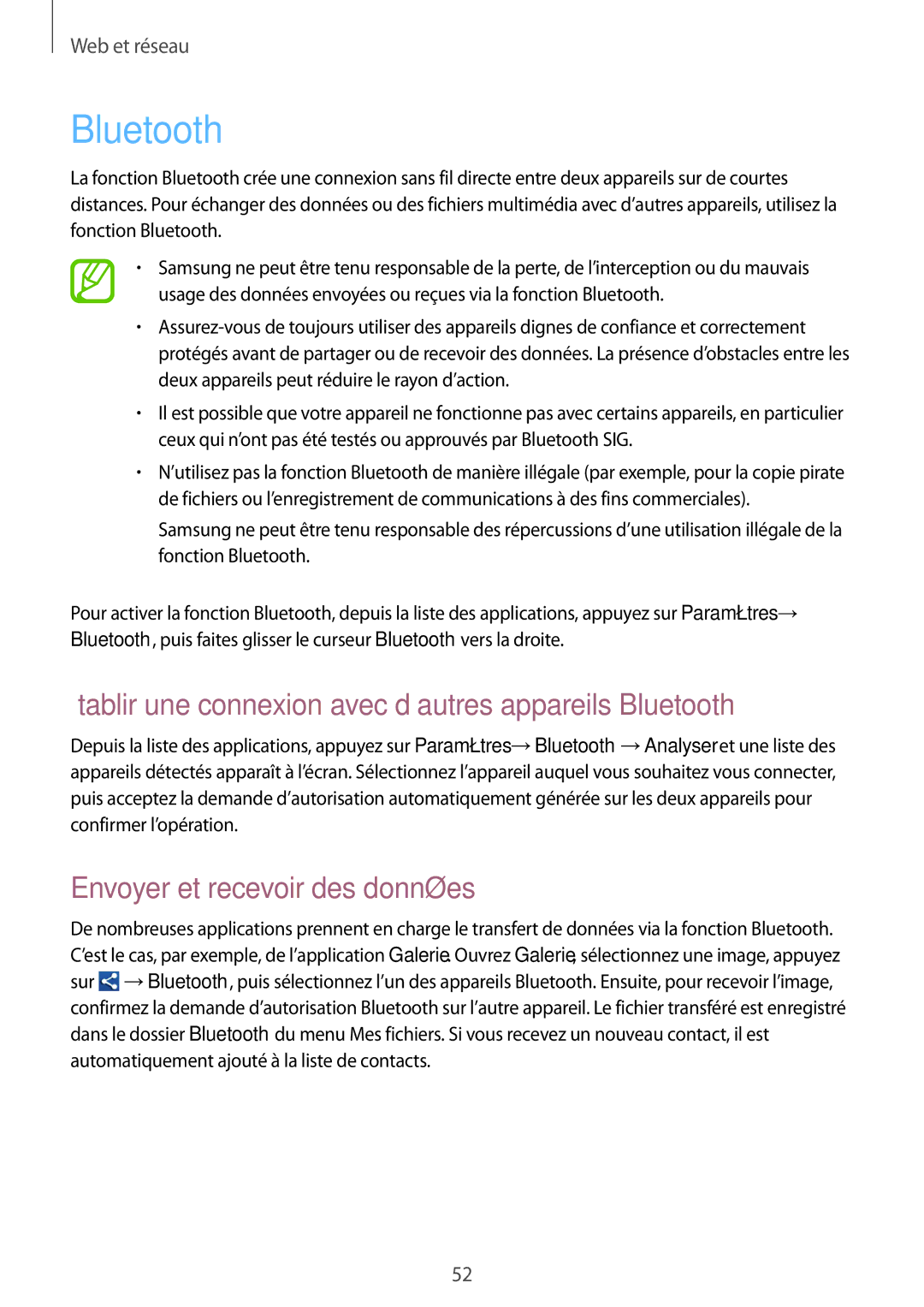 Samsung GT-S5310RWGFTM manual Établir une connexion avec d’autres appareils Bluetooth, Envoyer et recevoir des données 