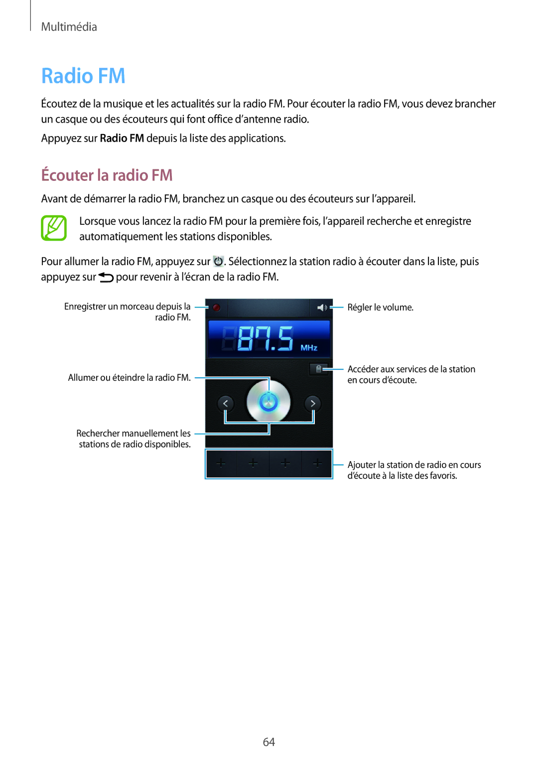 Samsung GT-S5310RWGFTM, GT-S5310BKGFTM manual Radio FM, Écouter la radio FM 