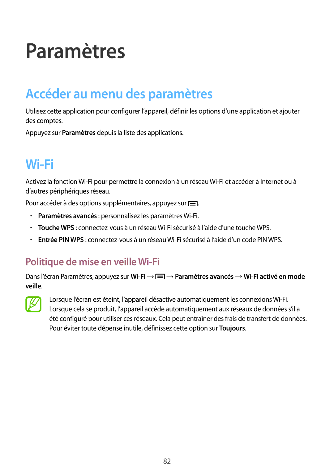 Samsung GT-S5310RWGFTM, GT-S5310BKGFTM Paramètres, Accéder au menu des paramètres, Politique de mise en veille Wi-Fi 