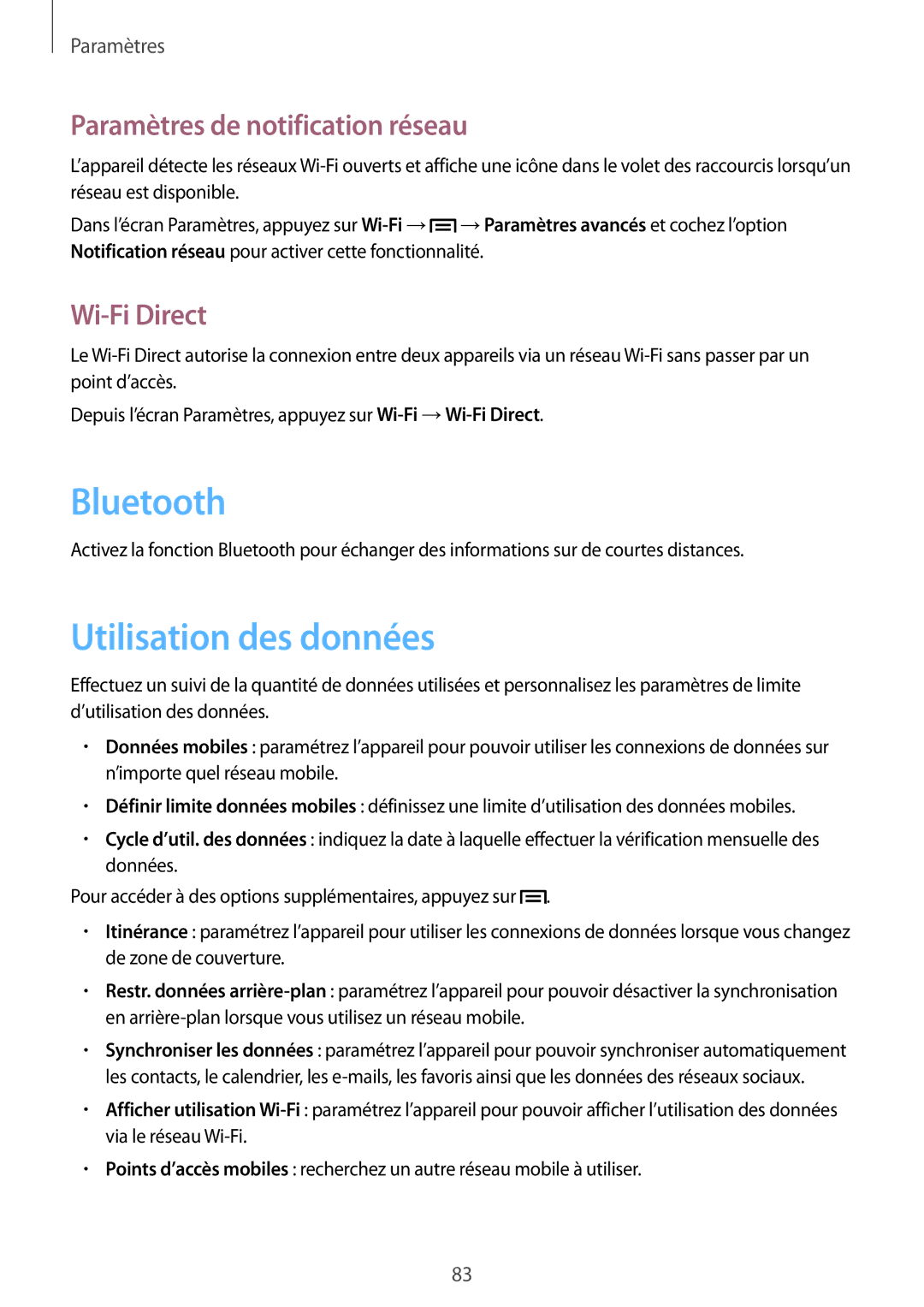 Samsung GT-S5310BKGFTM, GT-S5310RWGFTM manual Utilisation des données, Paramètres de notification réseau, Wi-Fi Direct 