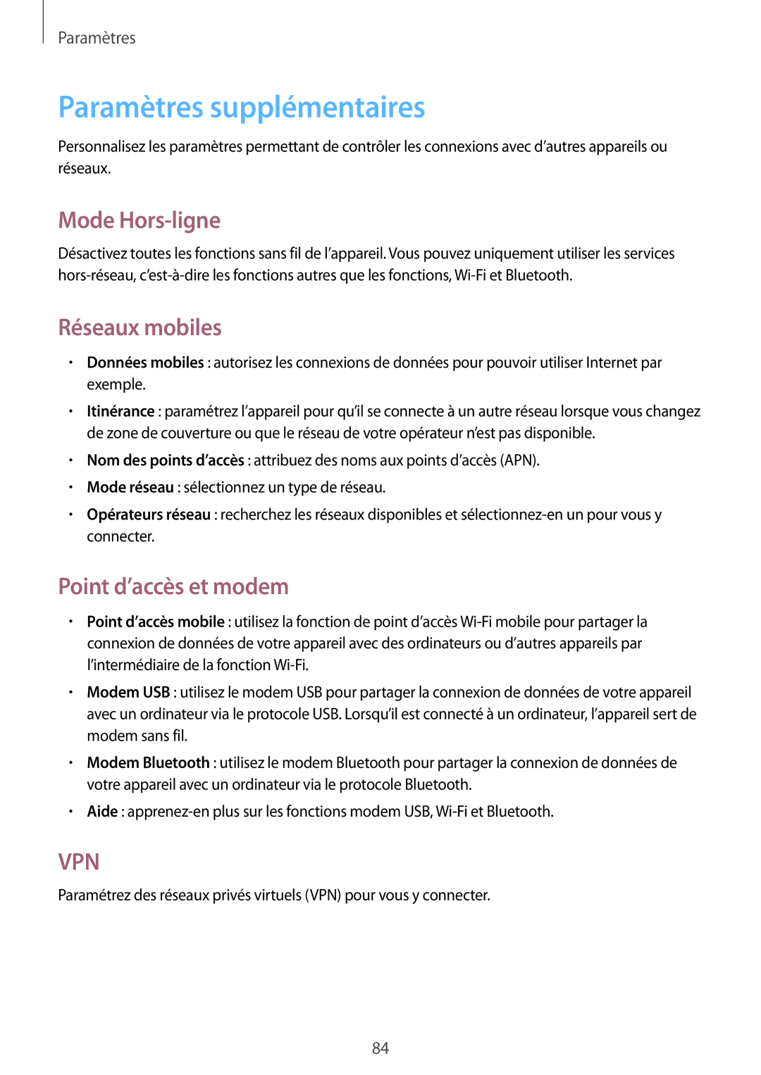 Samsung GT-S5310RWGFTM manual Paramètres supplémentaires, Mode Hors-ligne, Réseaux mobiles, Point d’accès et modem 
