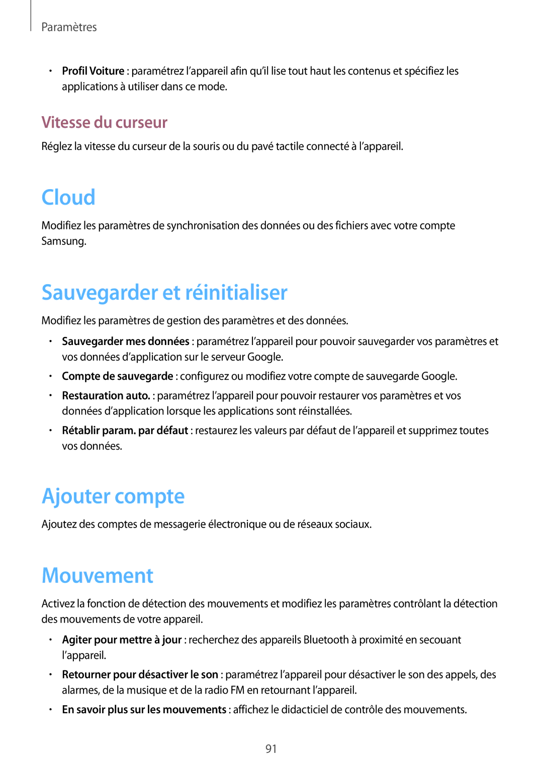 Samsung GT-S5310BKGFTM, GT-S5310RWGFTM Cloud, Sauvegarder et réinitialiser, Ajouter compte, Mouvement, Vitesse du curseur 