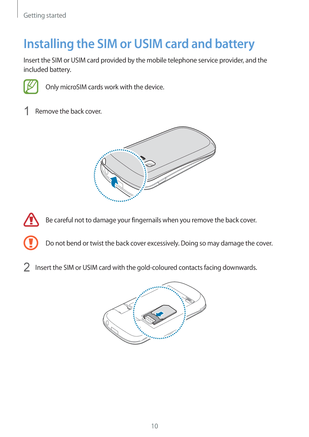 Samsung GT-S5310RWGFTM, GT-S5310BKGFTM manual Installing the SIM or Usim card and battery 