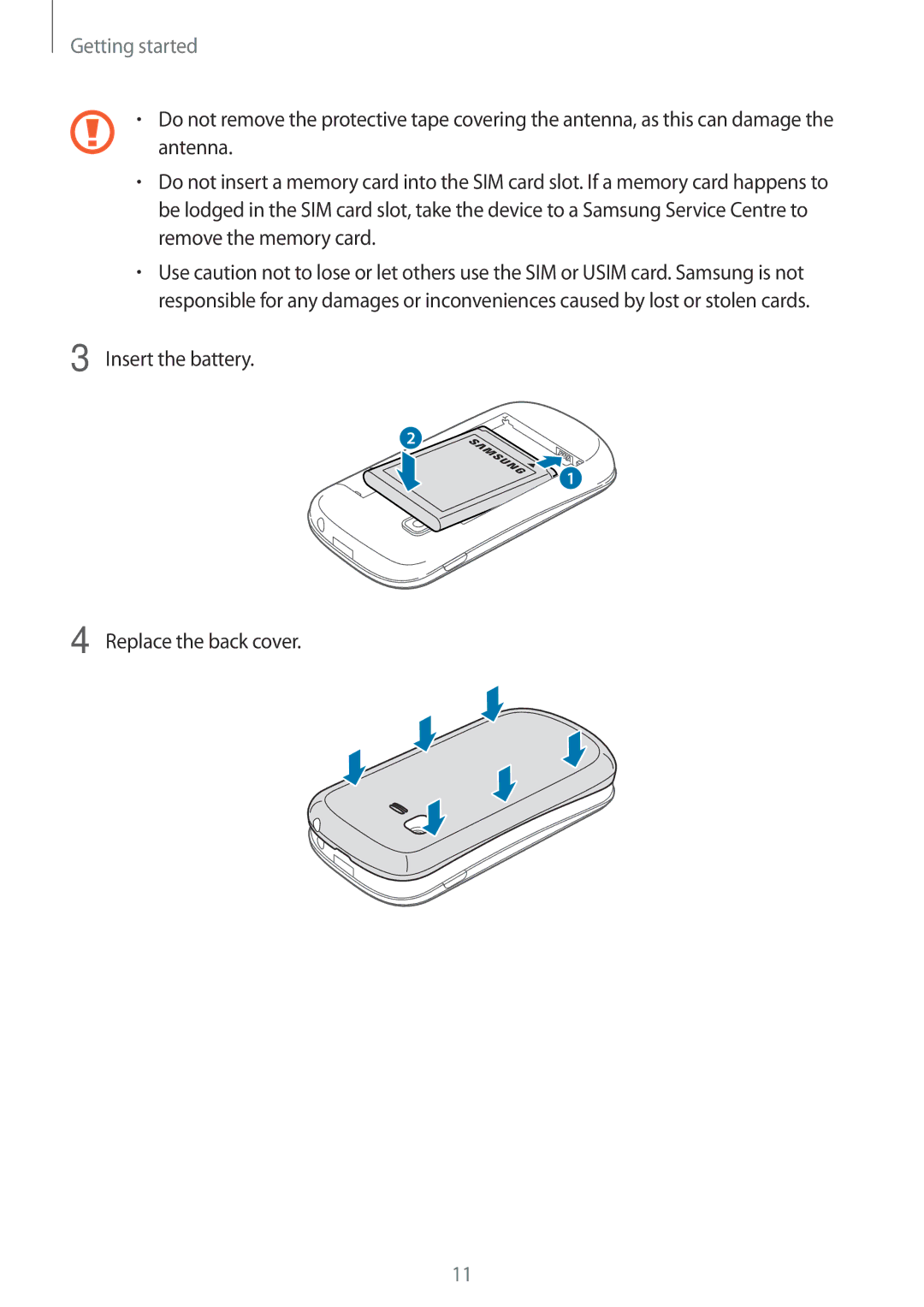 Samsung GT-S5310BKGFTM, GT-S5310RWGFTM manual Insert the battery Replace the back cover 