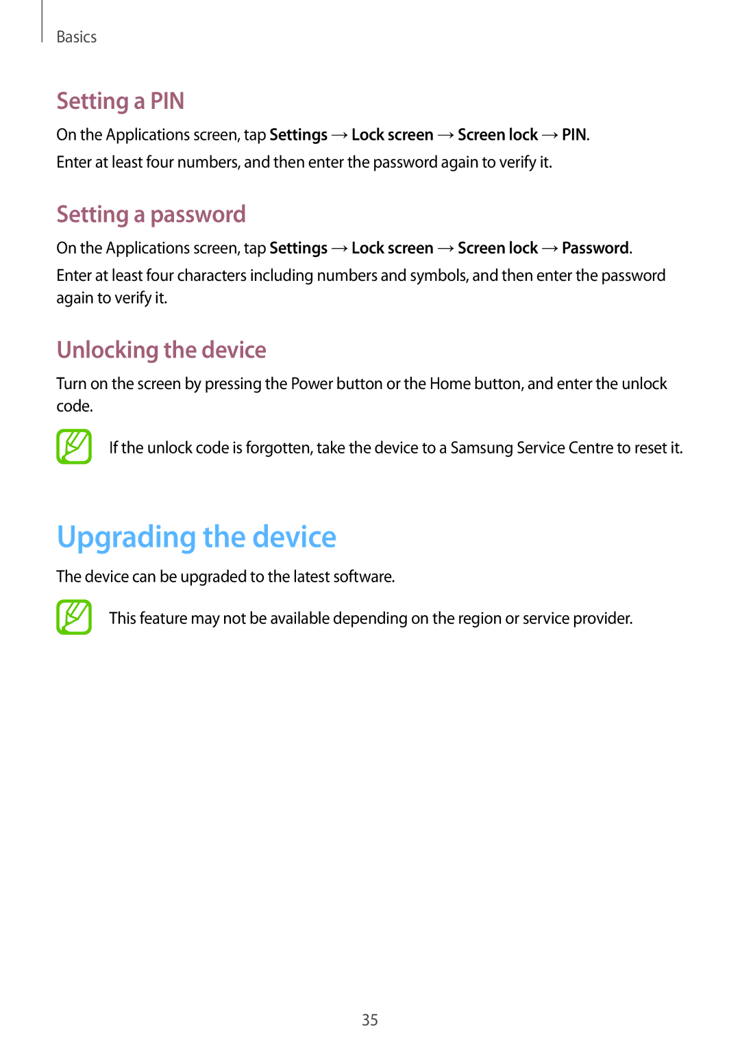 Samsung GT-S5310BKGFTM, GT-S5310RWGFTM manual Upgrading the device, Setting a PIN, Setting a password, Unlocking the device 
