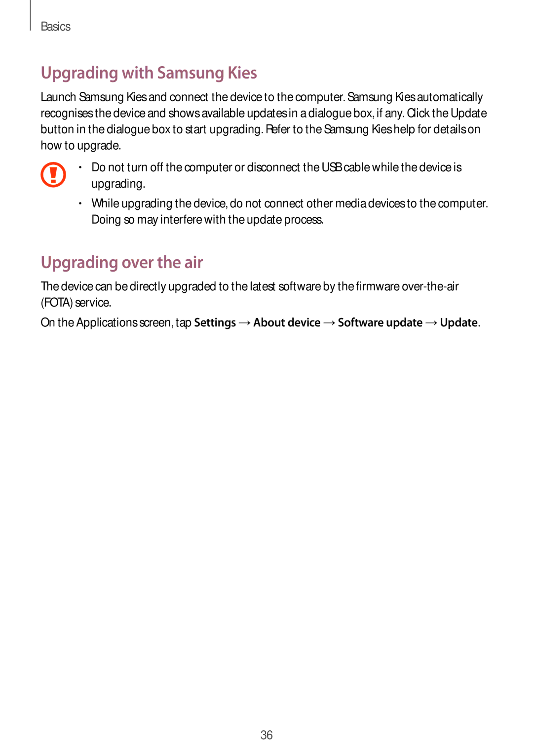 Samsung GT-S5310RWGFTM, GT-S5310BKGFTM manual Upgrading with Samsung Kies, Upgrading over the air 