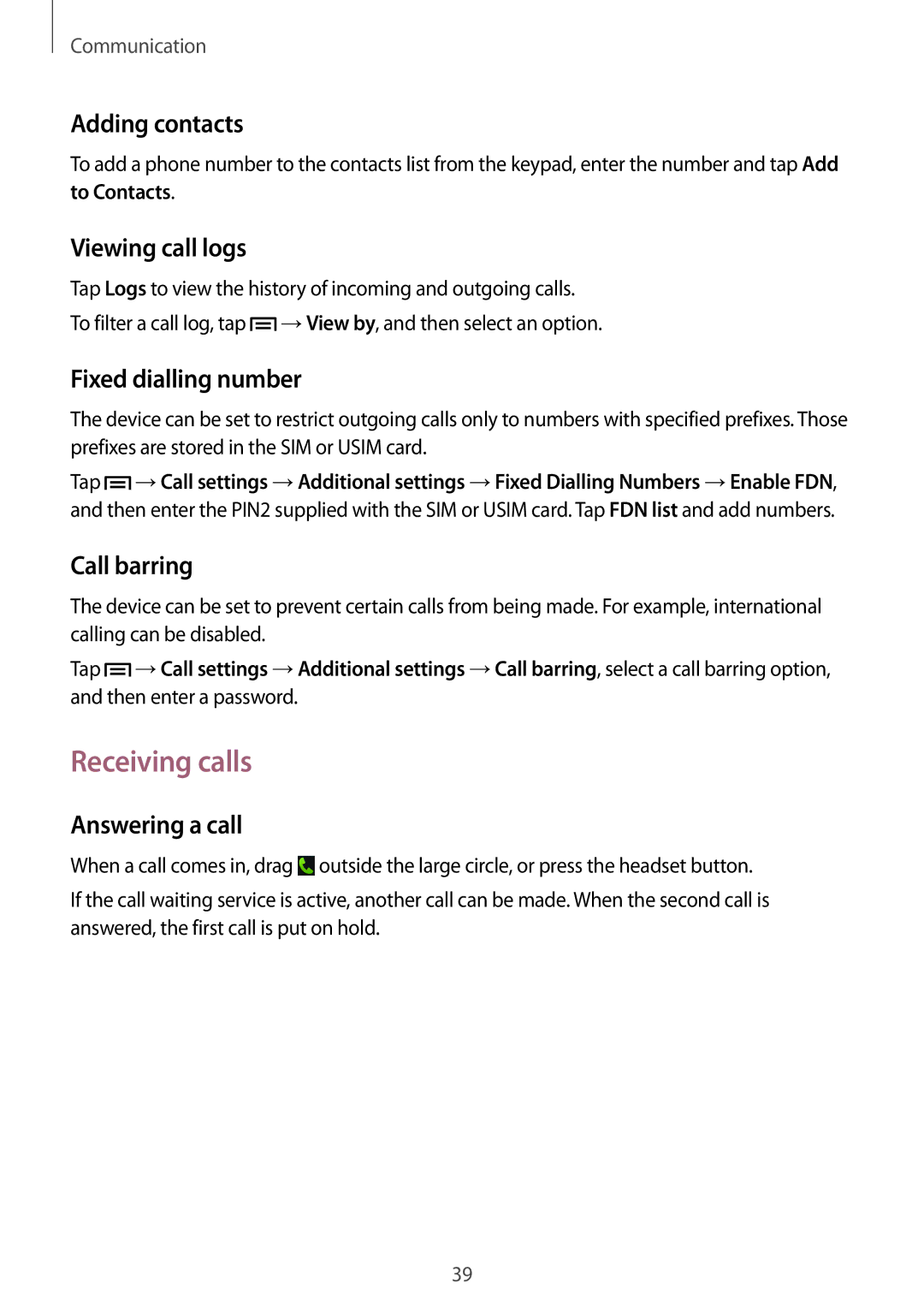 Samsung GT-S5310BKGFTM, GT-S5310RWGFTM manual Receiving calls 