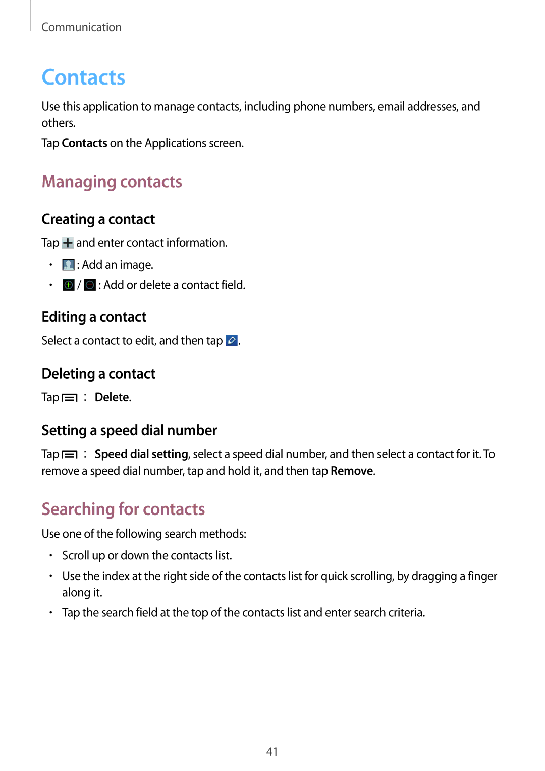 Samsung GT-S5310BKGFTM, GT-S5310RWGFTM manual Contacts, Managing contacts, Searching for contacts 