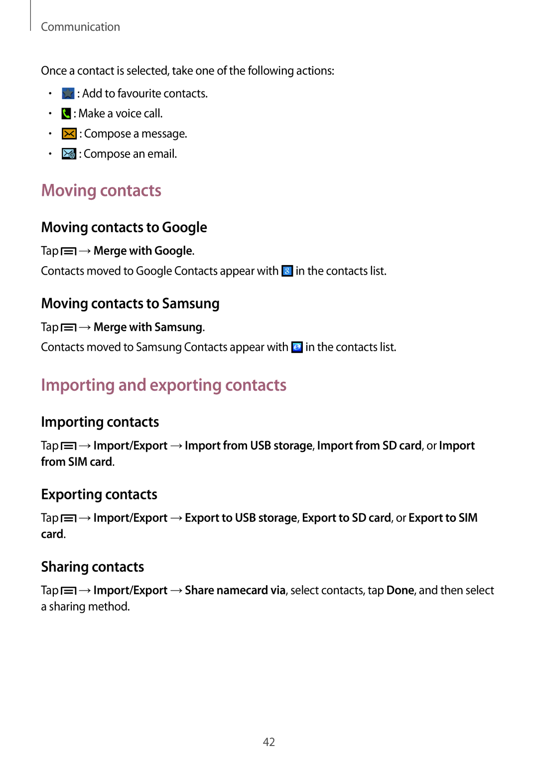 Samsung GT-S5310RWGFTM, GT-S5310BKGFTM manual Moving contacts, Importing and exporting contacts 