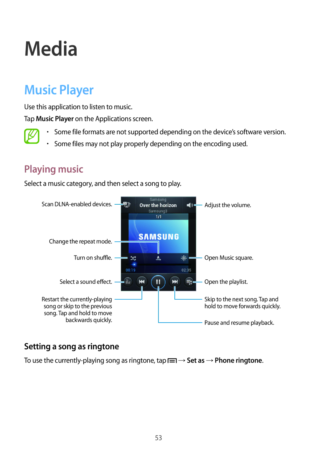 Samsung GT-S5310BKGFTM manual Media, Music Player, Playing music, Setting a song as ringtone, →Set as →Phone ringtone 