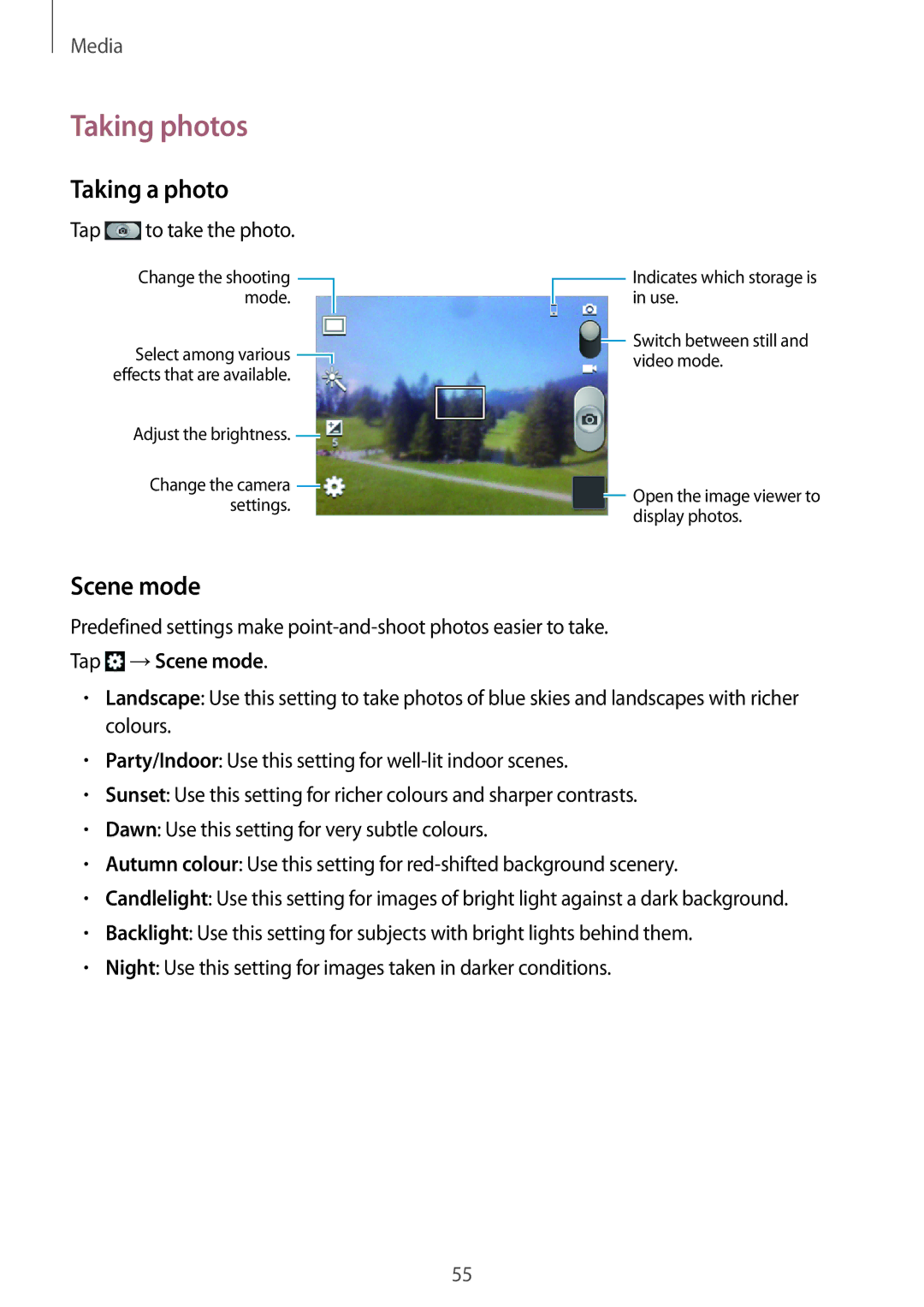 Samsung GT-S5310BKGFTM, GT-S5310RWGFTM manual Taking photos, Taking a photo, Tap →Scene mode 