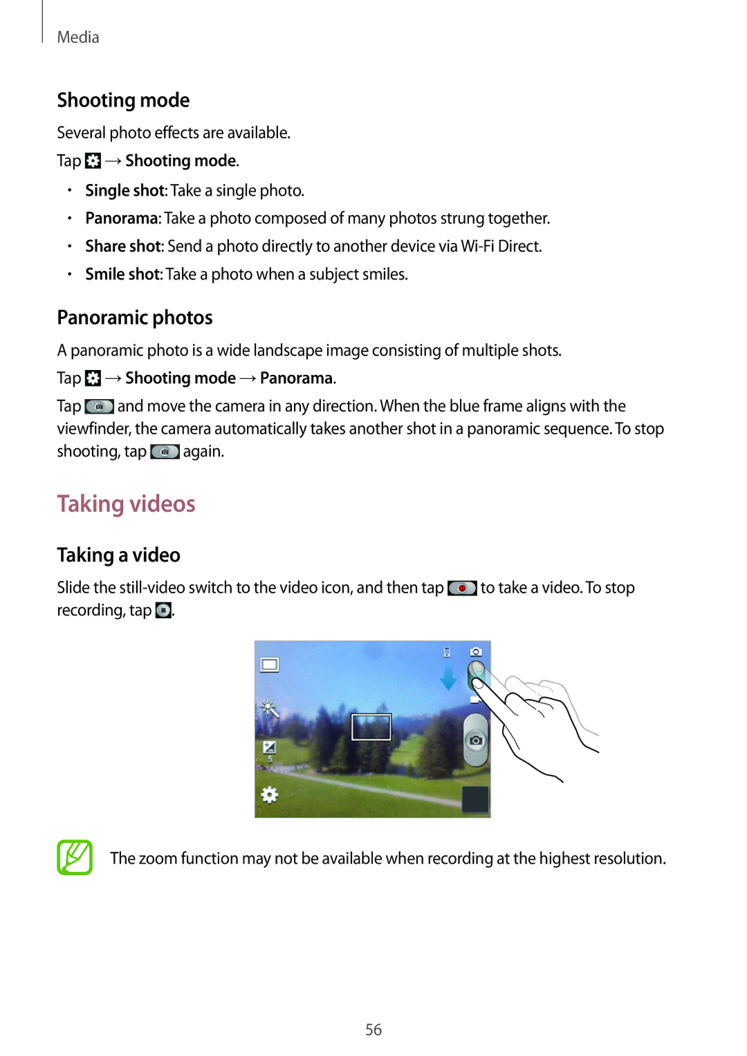Samsung GT-S5310RWGFTM, GT-S5310BKGFTM manual Taking videos, Shooting mode, Panoramic photos, Taking a video 