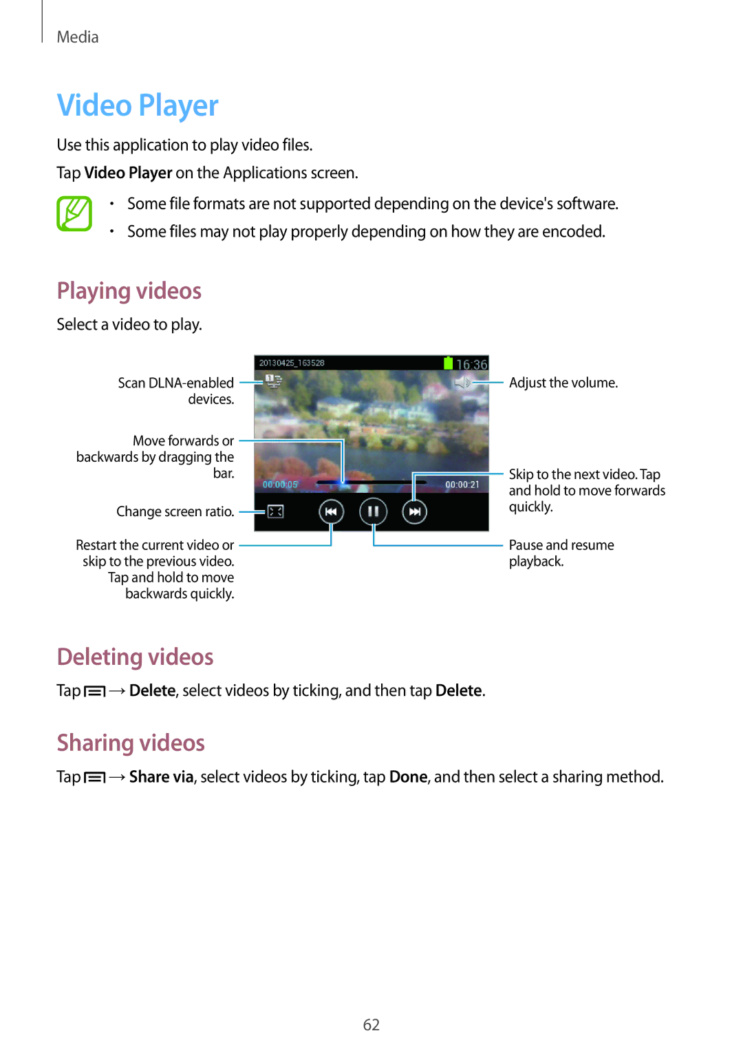 Samsung GT-S5310RWGFTM, GT-S5310BKGFTM manual Video Player, Deleting videos, Sharing videos 