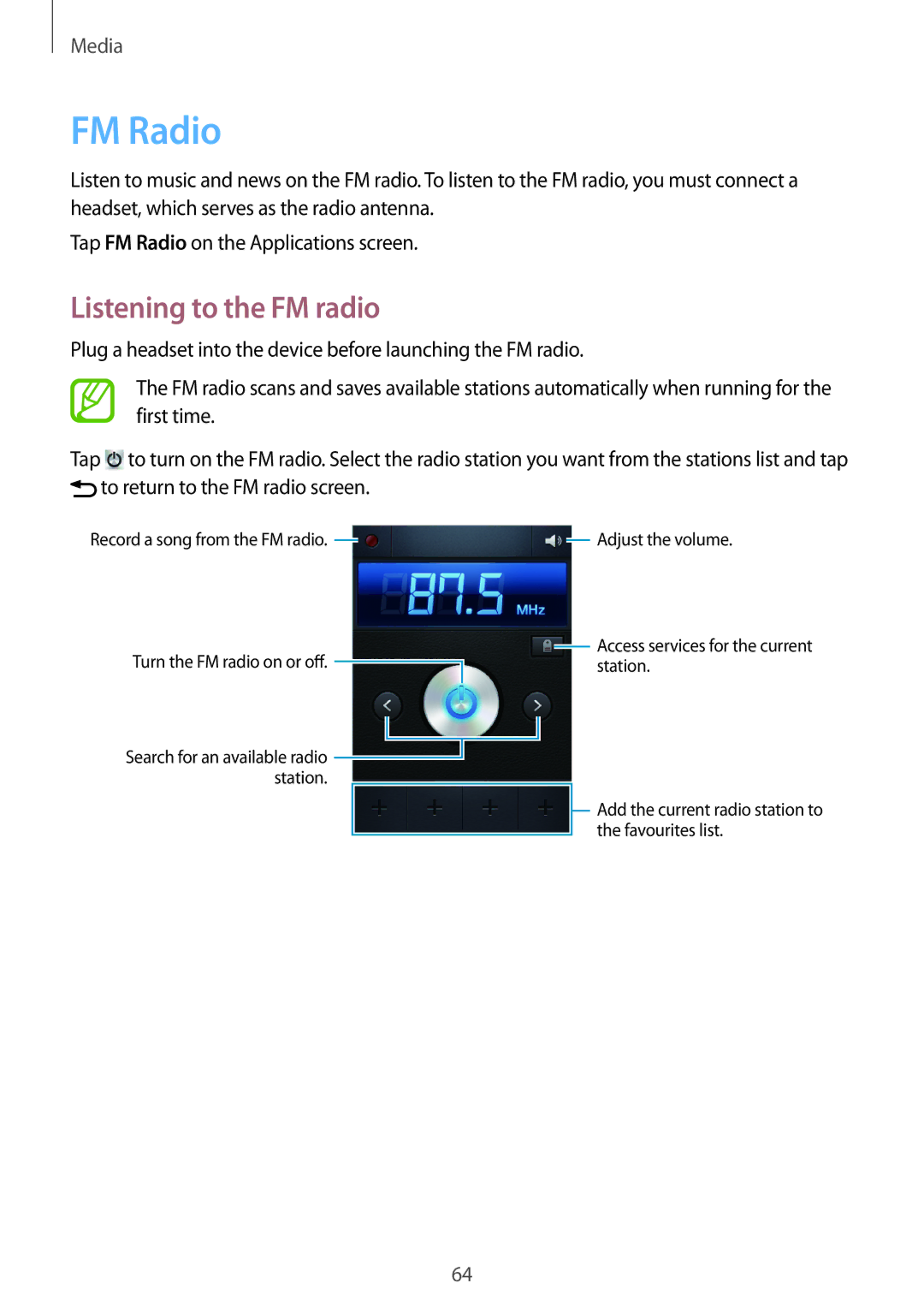 Samsung GT-S5310RWGFTM, GT-S5310BKGFTM manual FM Radio, Listening to the FM radio 