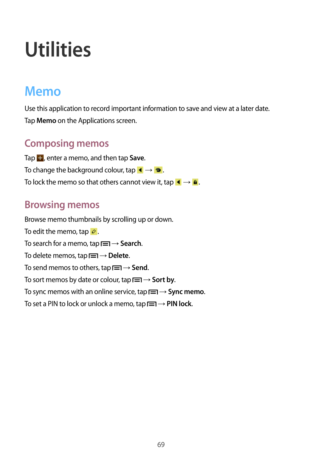 Samsung GT-S5310BKGFTM, GT-S5310RWGFTM manual Utilities, Memo, Composing memos, Browsing memos 