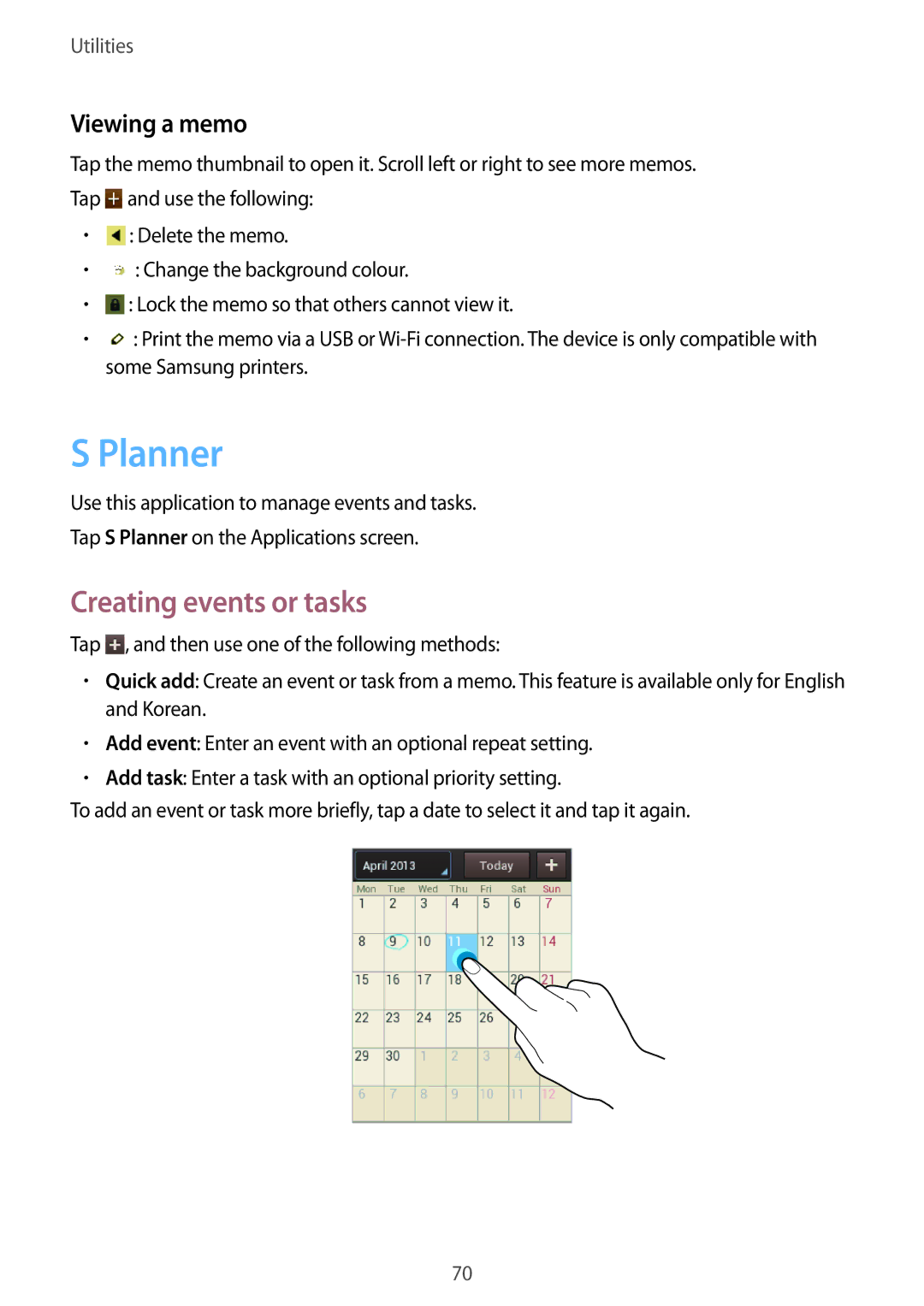 Samsung GT-S5310RWGFTM, GT-S5310BKGFTM manual Planner, Creating events or tasks, Viewing a memo 