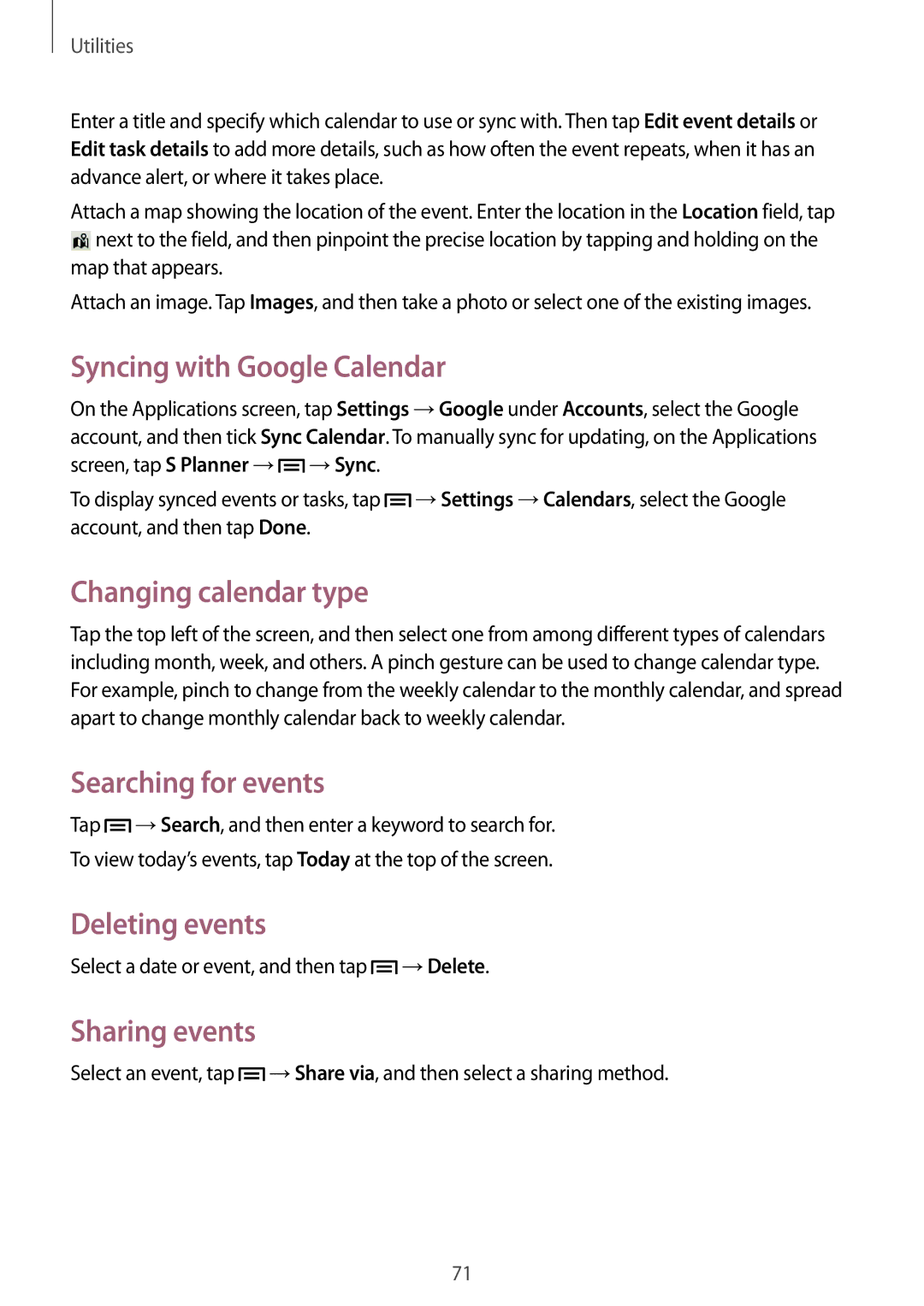 Samsung GT-S5310BKGFTM manual Syncing with Google Calendar, Changing calendar type, Searching for events, Deleting events 