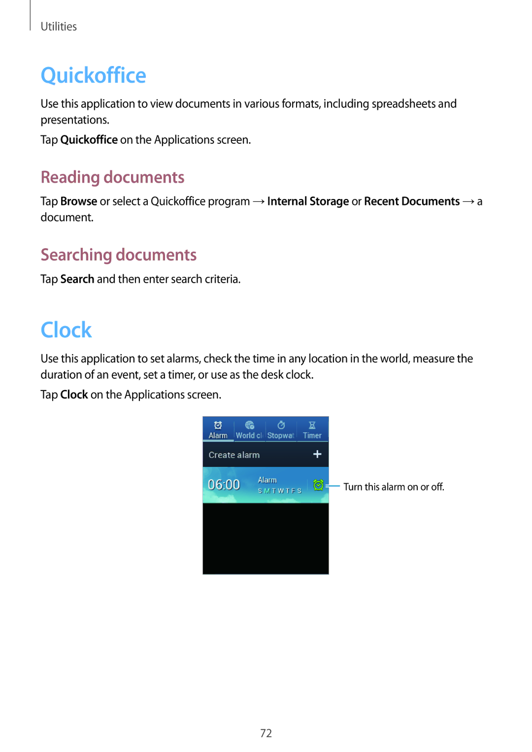 Samsung GT-S5310RWGFTM, GT-S5310BKGFTM manual Quickoffice, Clock, Reading documents, Searching documents 