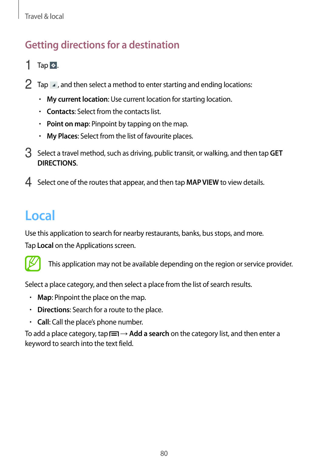 Samsung GT-S5310RWGFTM, GT-S5310BKGFTM manual Local, Getting directions for a destination 