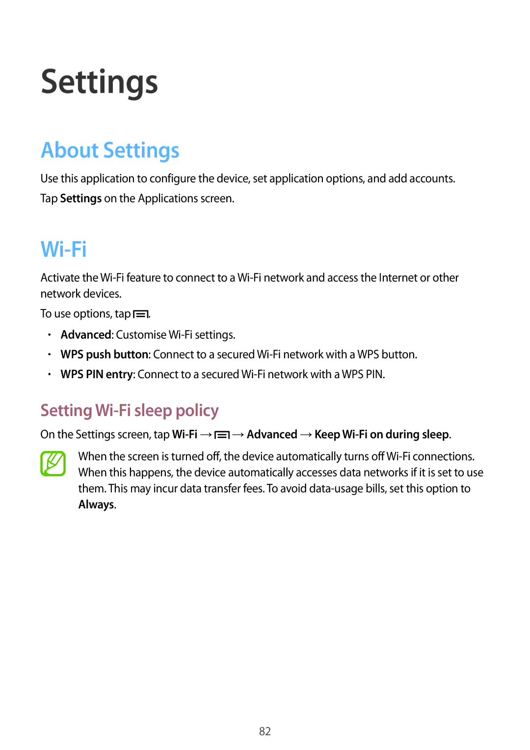 Samsung GT-S5310RWGFTM, GT-S5310BKGFTM manual About Settings, Setting Wi-Fi sleep policy 