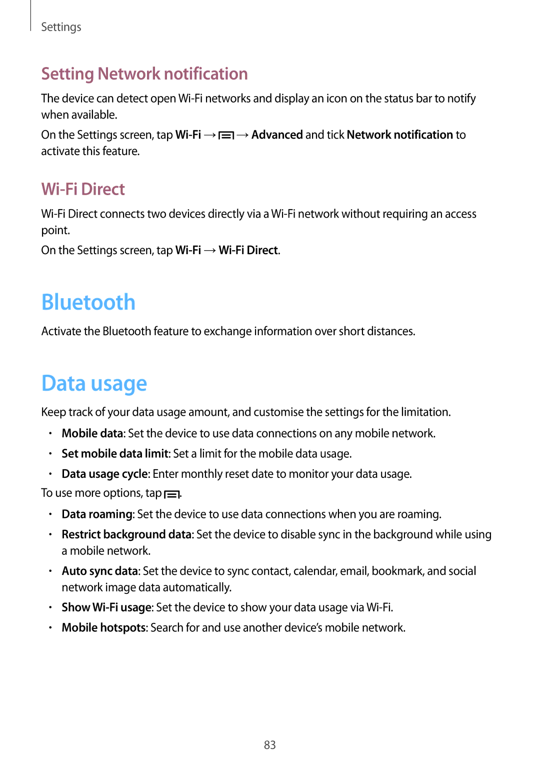 Samsung GT-S5310BKGFTM, GT-S5310RWGFTM manual Data usage, Setting Network notification, Wi-Fi Direct 