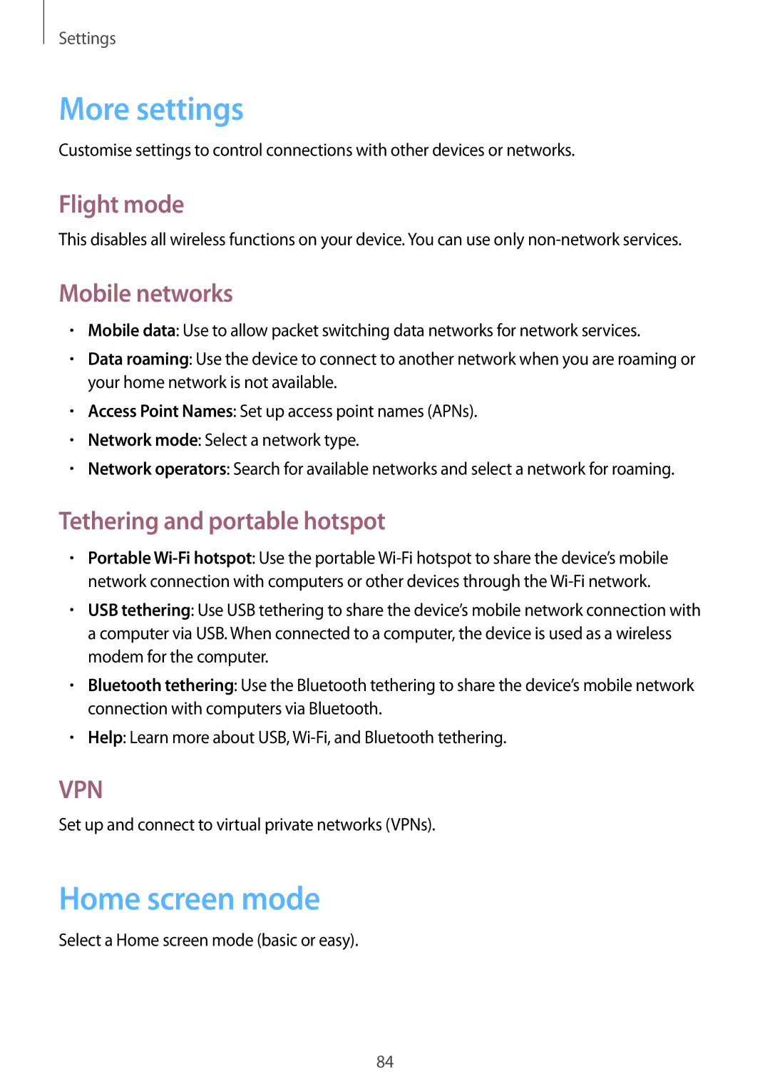 Samsung GT-S5310RWGFTM manual More settings, Home screen mode, Flight mode, Mobile networks, Tethering and portable hotspot 