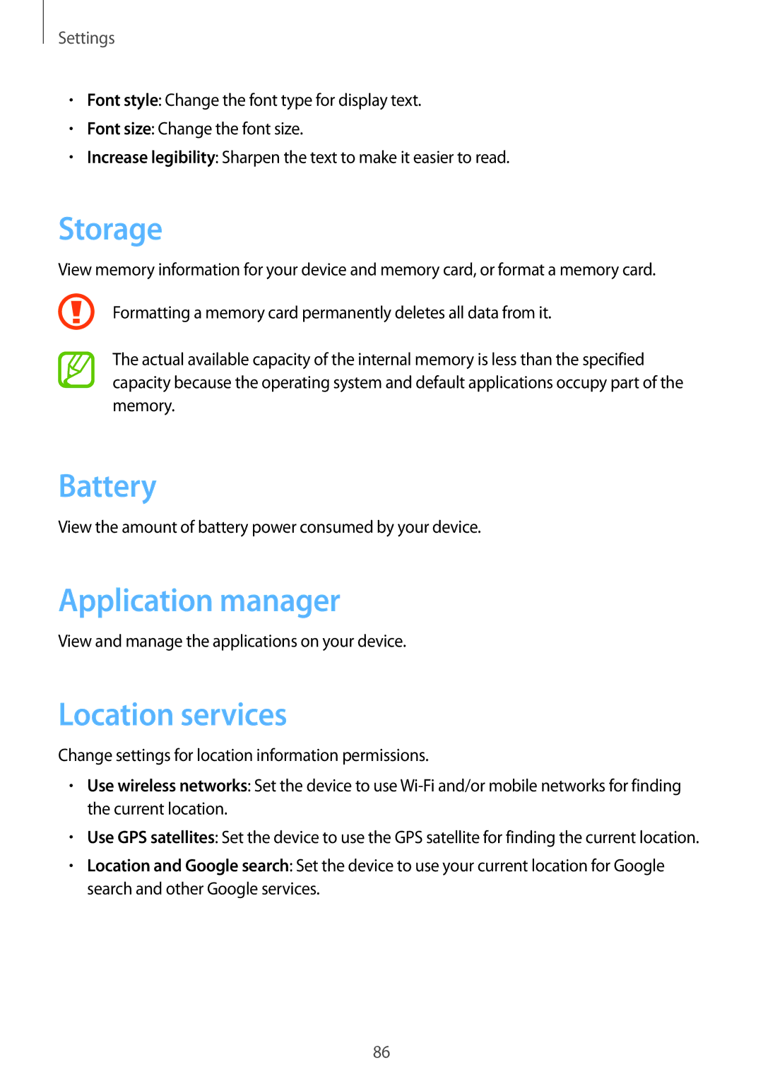 Samsung GT-S5310RWGFTM, GT-S5310BKGFTM manual Storage, Battery, Application manager, Location services 