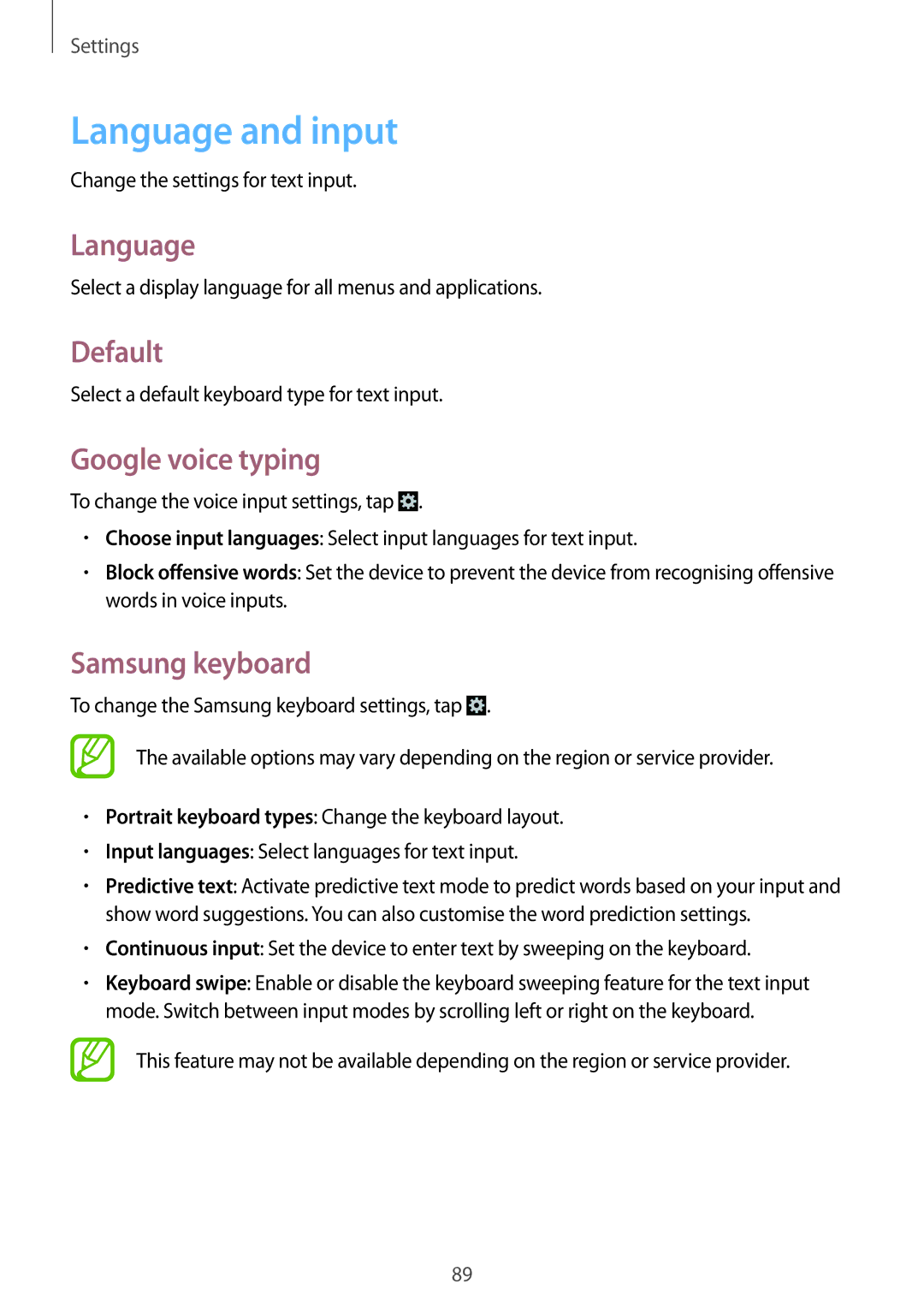 Samsung GT-S5310BKGFTM, GT-S5310RWGFTM manual Language and input, Default, Google voice typing, Samsung keyboard 