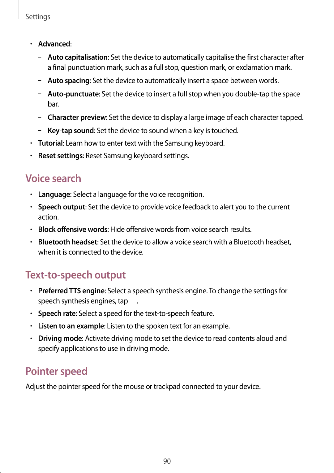 Samsung GT-S5310RWGFTM, GT-S5310BKGFTM manual Voice search, Text-to-speech output, Pointer speed, Advanced 