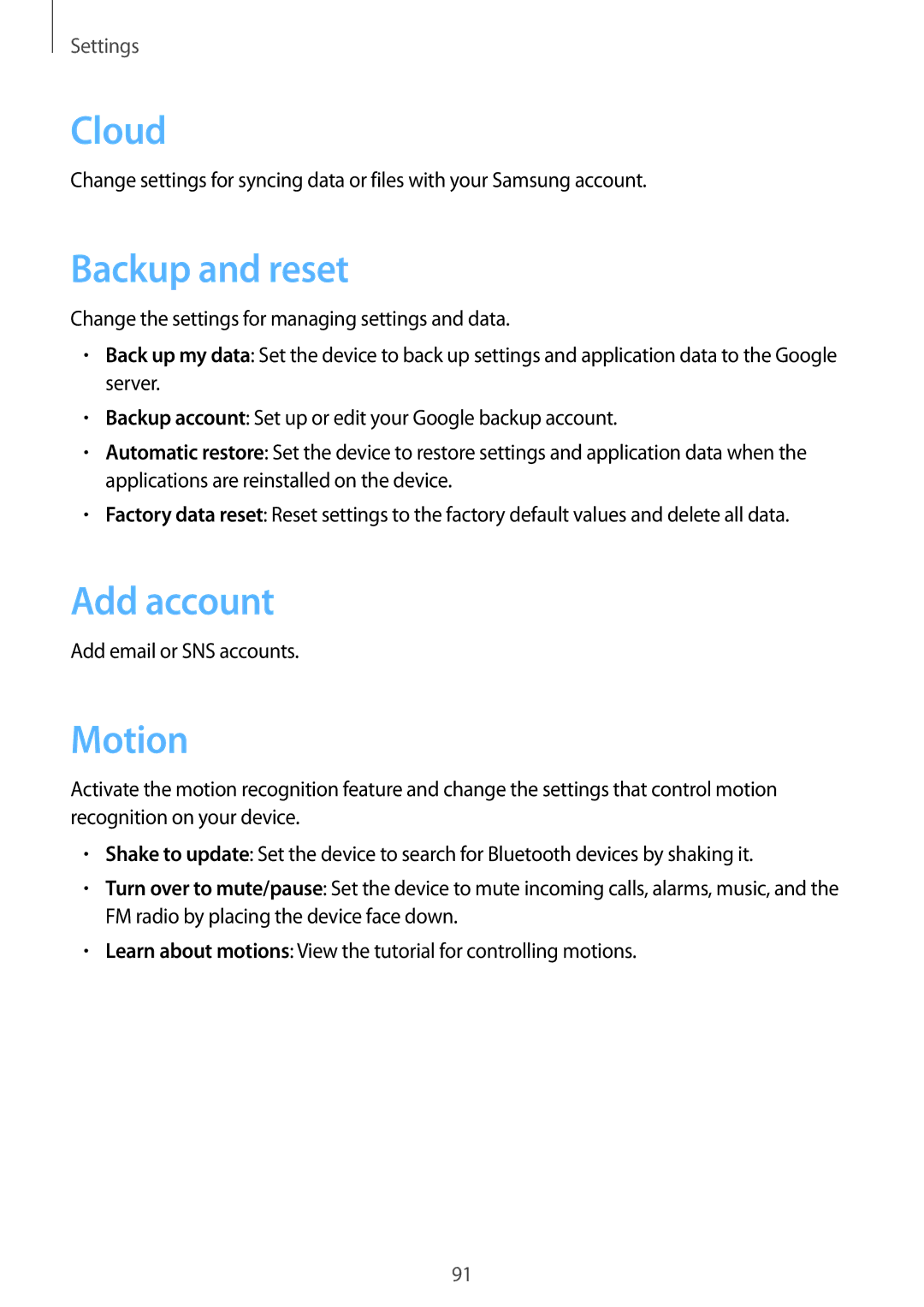 Samsung GT-S5310BKGFTM, GT-S5310RWGFTM manual Cloud, Backup and reset, Add account, Motion 