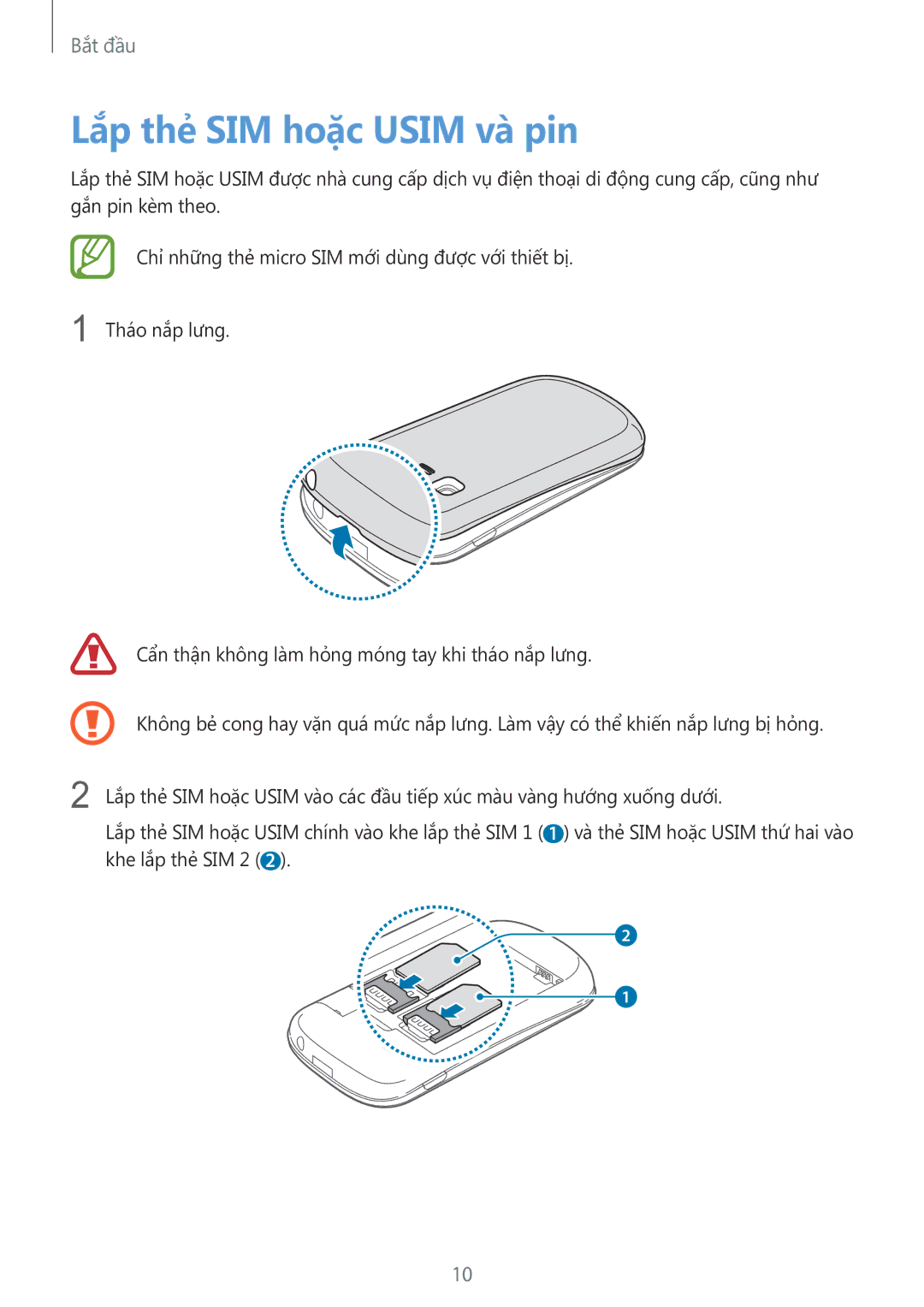 Samsung GT-S5312BKAXXV, GT-S5312RWAXXV manual Lắp thẻ SIM hoặc Usim và pin 