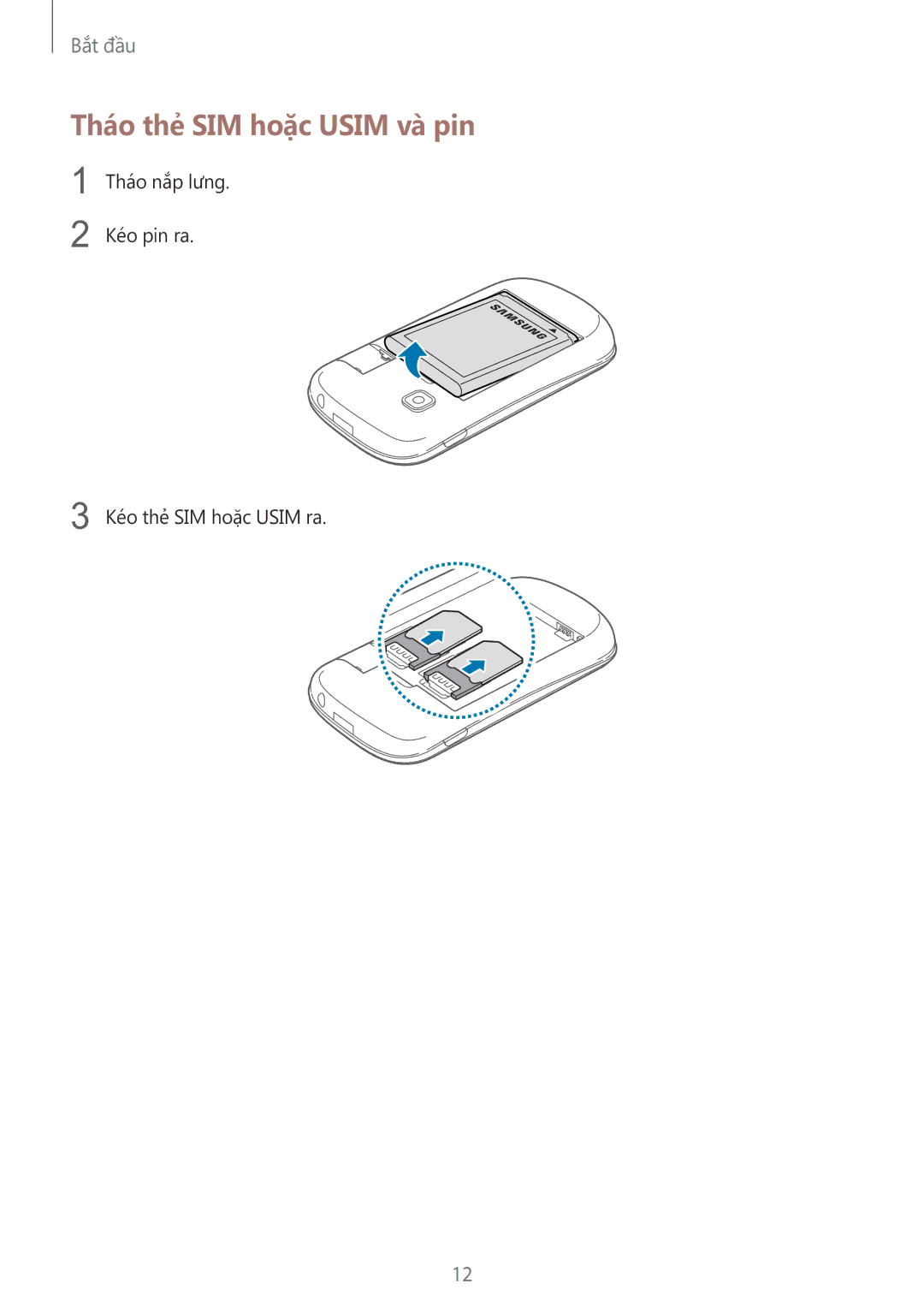 Samsung GT-S5312BKAXXV, GT-S5312RWAXXV manual Tháo thẻ SIM hoặc Usim và pin 