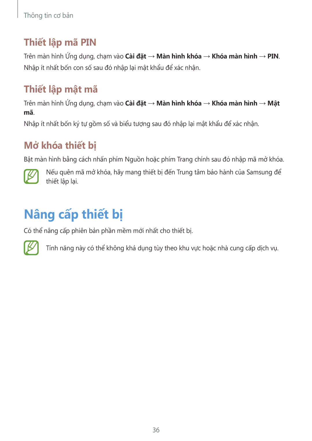 Samsung GT-S5312BKAXXV, GT-S5312RWAXXV manual Nâng cấp thiết bị, Thiết lập mã PIN, Thiết lập mật mã, Mở khóa thiết bị 