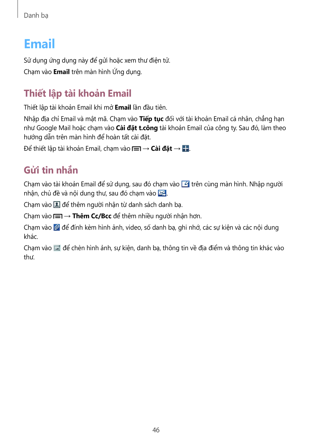 Samsung GT-S5312BKAXXV, GT-S5312RWAXXV manual Thiết lập tài khoản Email 