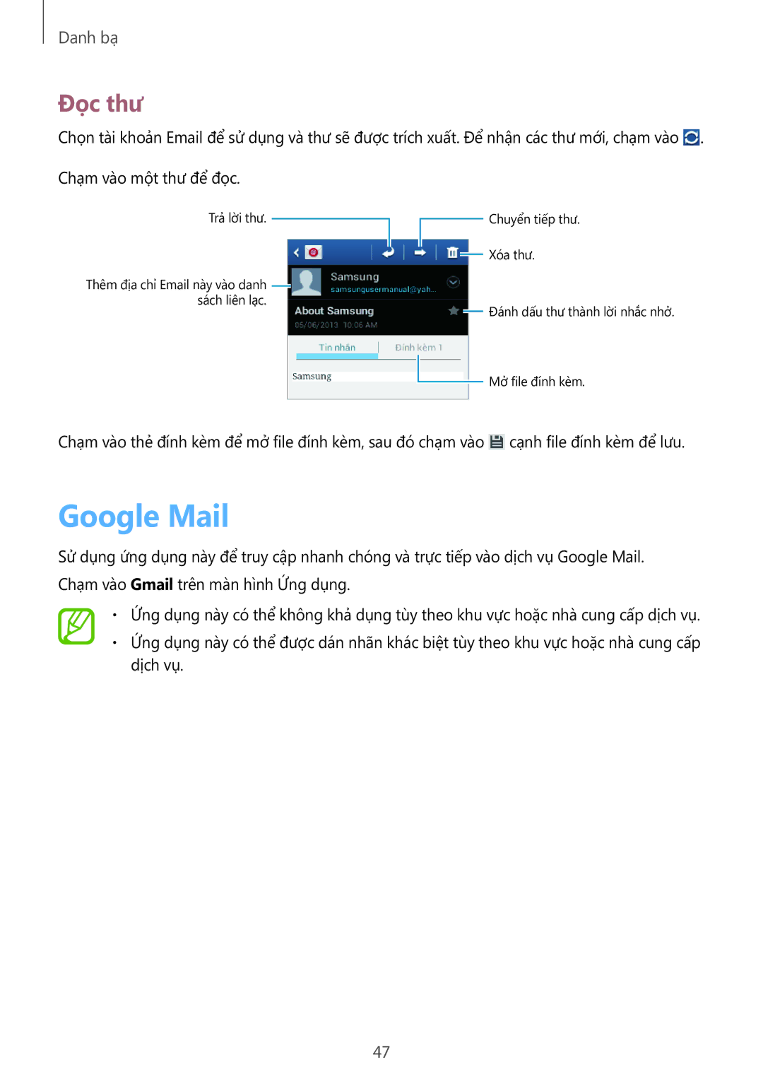 Samsung GT-S5312RWAXXV, GT-S5312BKAXXV manual Google Mail, Đọc thư 