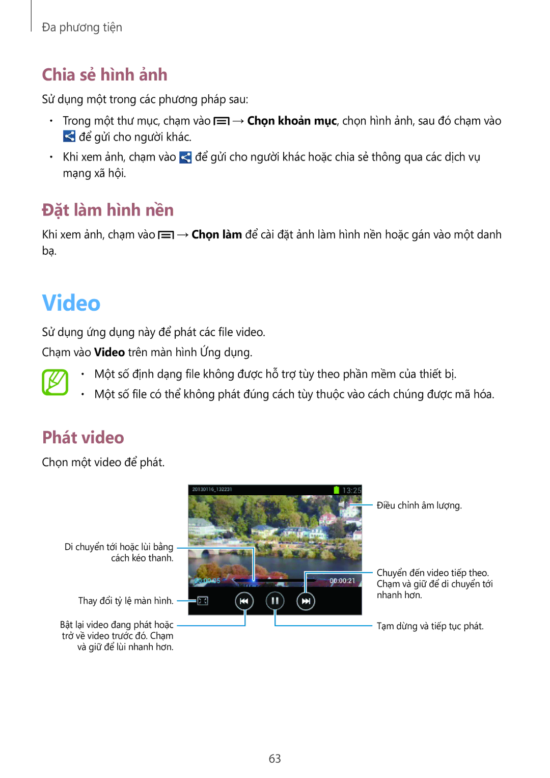 Samsung GT-S5312RWAXXV, GT-S5312BKAXXV manual Video, Chia sẻ hình ảnh, Đặt làm hình nền 