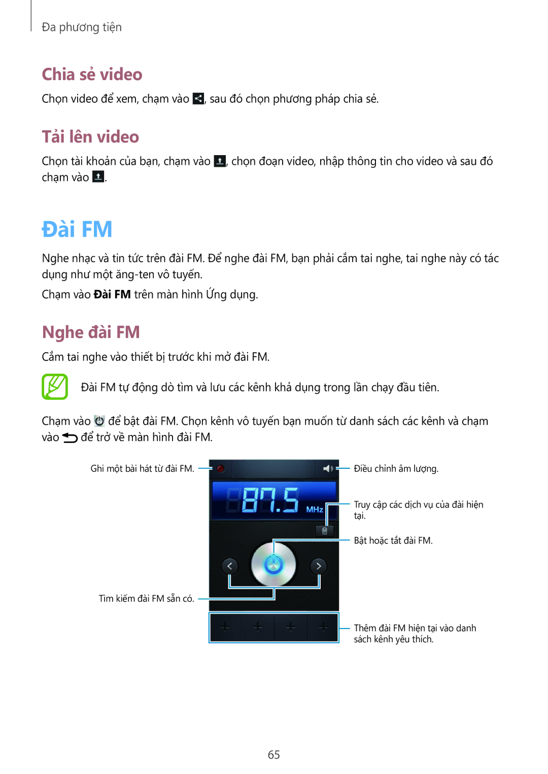Samsung GT-S5312RWAXXV, GT-S5312BKAXXV manual Đài FM, Tải lên video, Nghe đài FM 