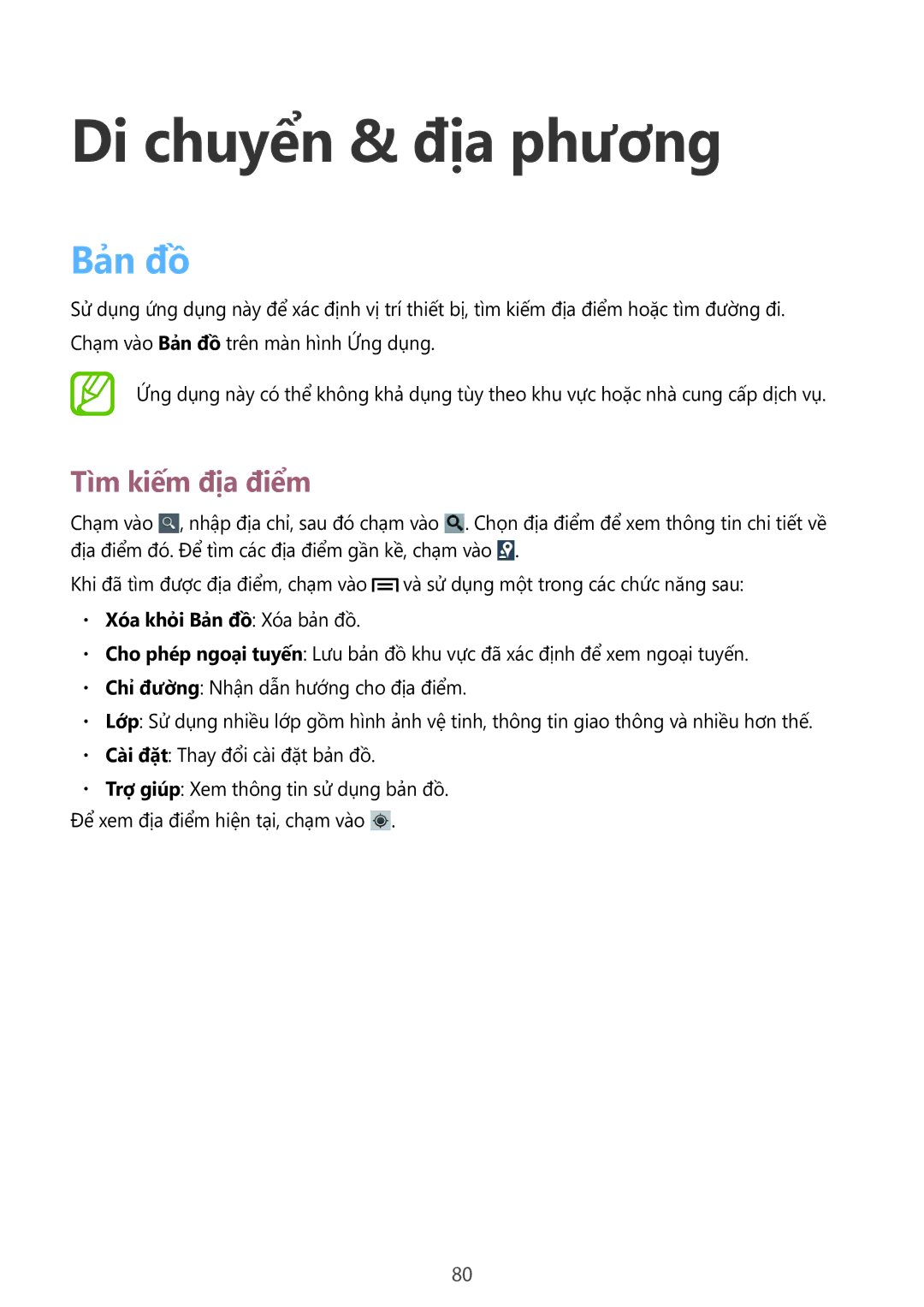 Samsung GT-S5312BKAXXV, GT-S5312RWAXXV manual Di chuyển & địa phương, Bản đồ, Tìm kiếm địa điểm, Xoa khoi Ban đô Xóa bản đồ 
