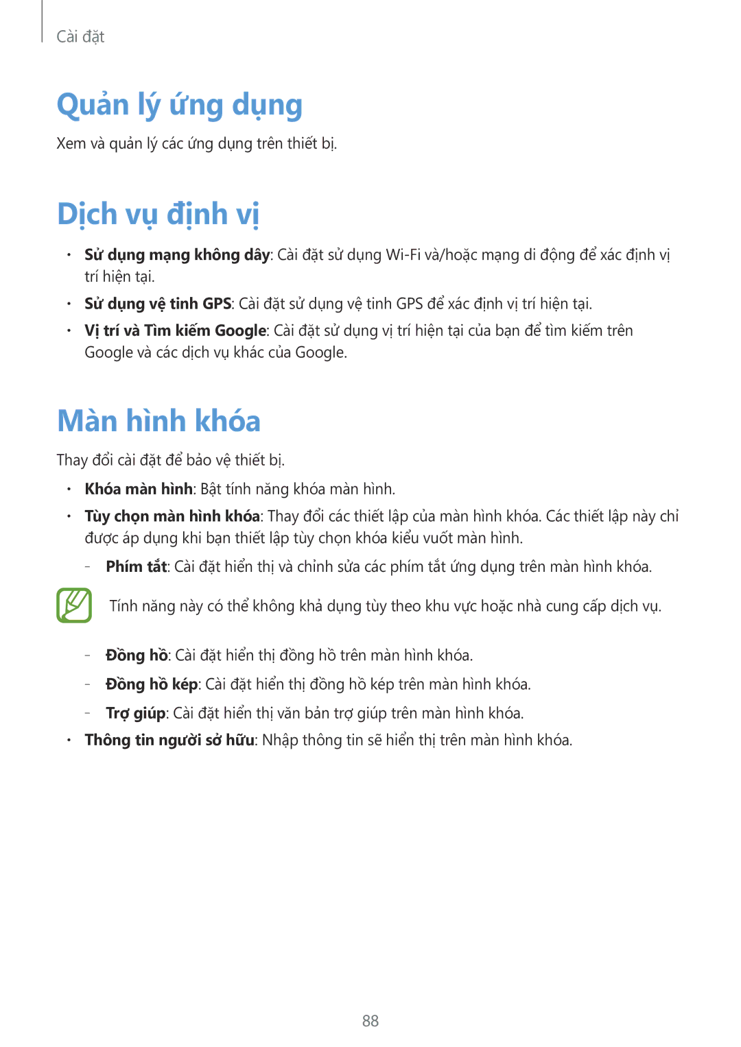 Samsung GT-S5312BKAXXV, GT-S5312RWAXXV manual Quản lý ứng dụng, Dịch vụ định vị, Màn hình khóa 