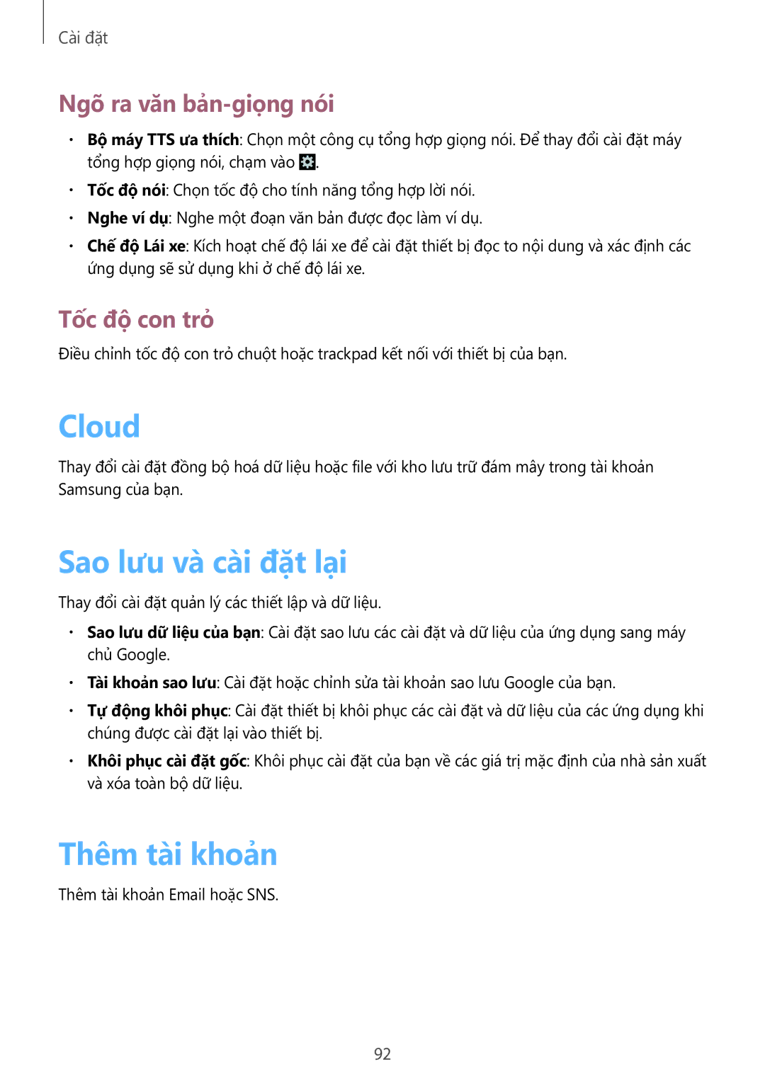 Samsung GT-S5312BKAXXV manual Cloud, Sao lưu và cài đặt lại, Thêm tài khoản, Ngõ ra văn bản-giọng nói, Tốc độ con trỏ 