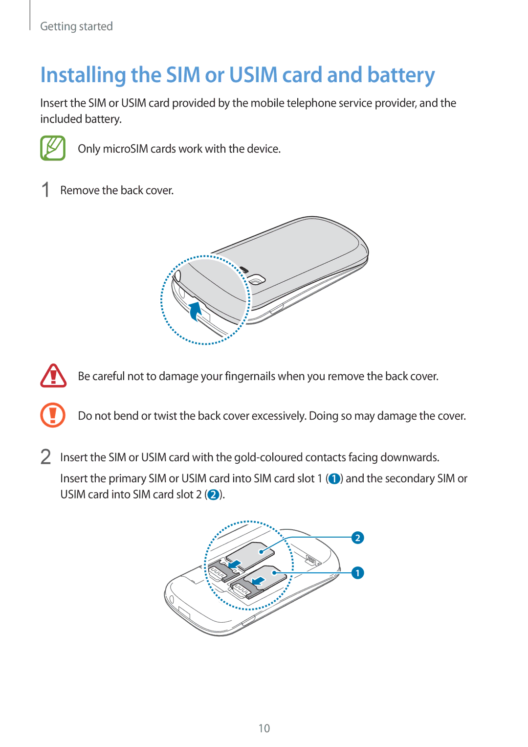 Samsung GT-S5312BKAXXV, GT-S5312MSAKSA, GT-S5312BKAKSA, GT-S5312RWAKSA manual Installing the SIM or Usim card and battery 