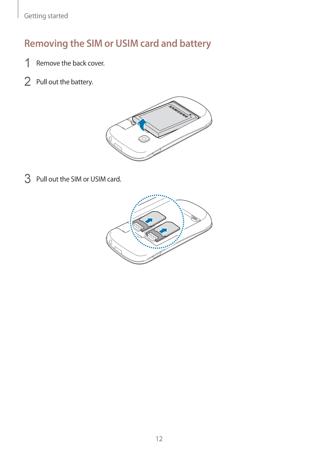 Samsung GT-S5312MSAKSA, GT-S5312BKAKSA, GT-S5312RWAKSA, GT-S5312MSAAFR manual Removing the SIM or Usim card and battery 