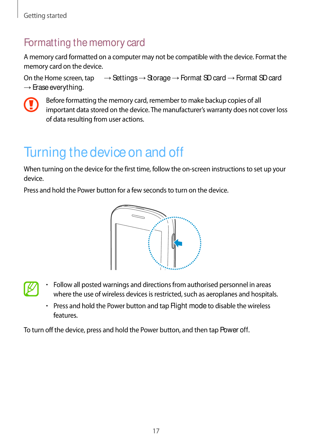 Samsung GT-S5312RWAXXV, GT-S5312MSAKSA manual Turning the device on and off, Formatting the memory card, → Erase everything 