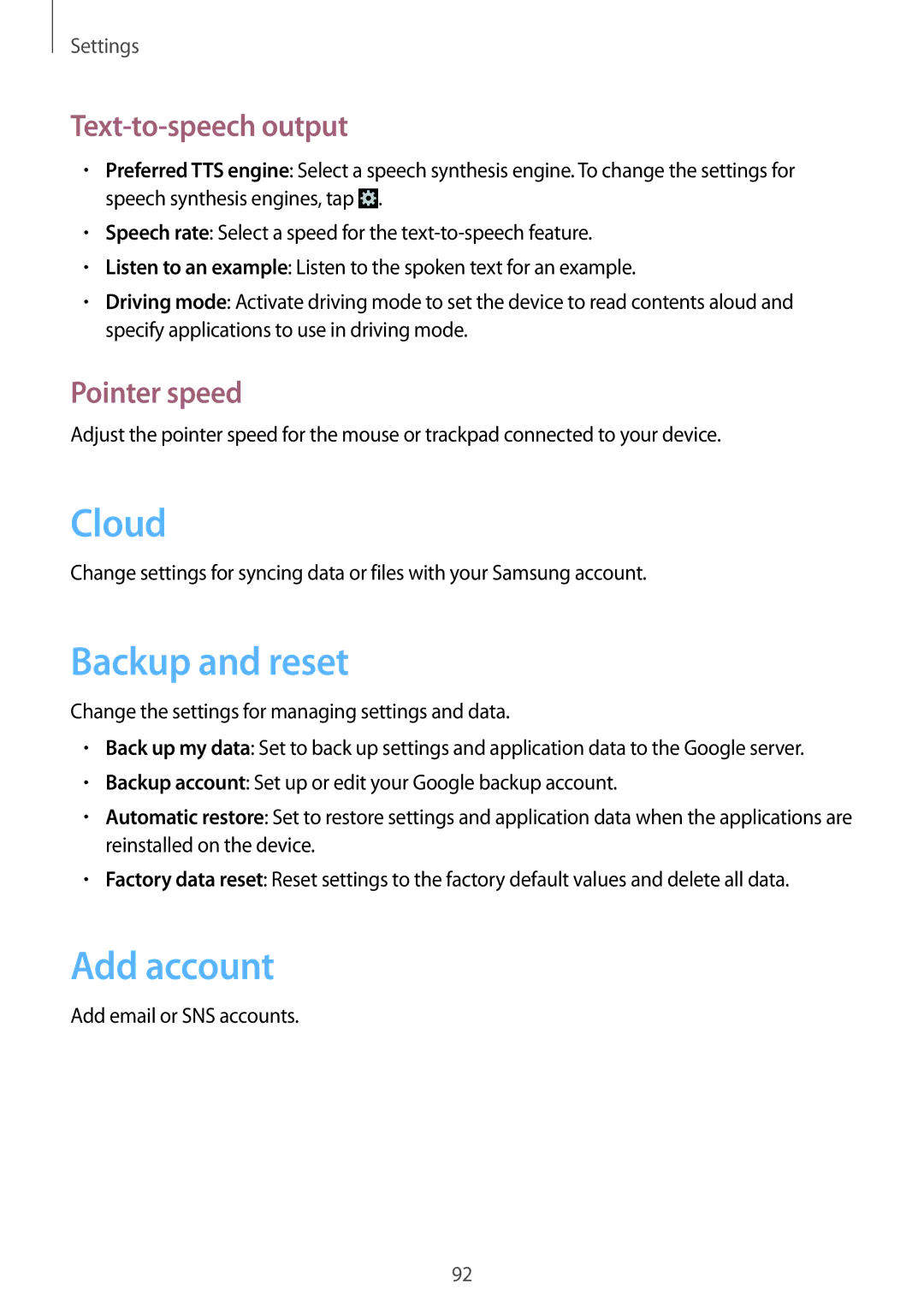 Samsung GT-S5312RWAKSA, GT-S5312MSAKSA manual Cloud, Backup and reset, Add account, Text-to-speech output, Pointer speed 